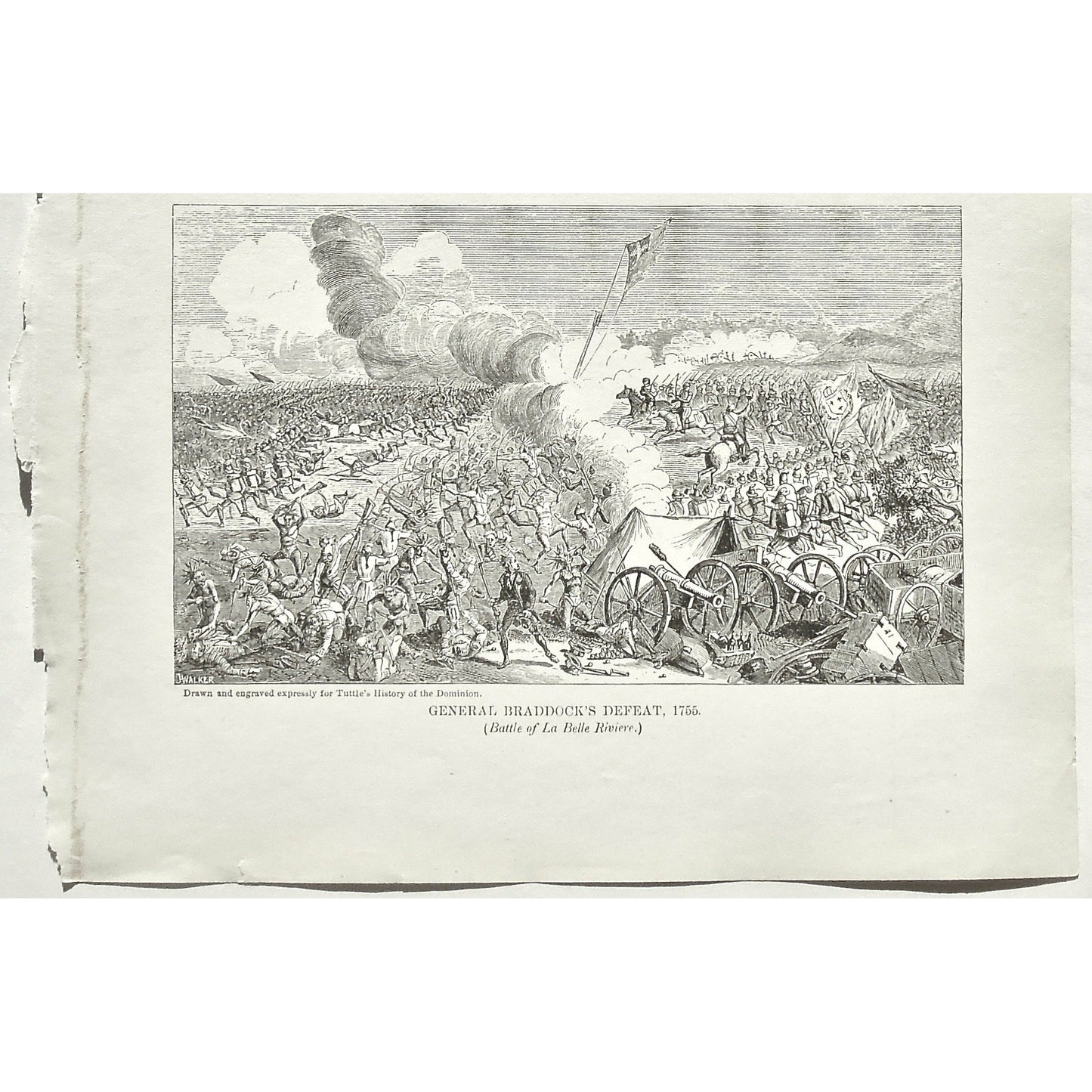 General Braddock's Defeat, Battle of La Belle Riviere, General Braddock, Defeat, Battle, Battles, La Belle Riviere, 1755, Soldiers, Troops, Cavalry, Weapons, Guns, War, Army, Battle Formation, Canons, Swords, Flag, Tuttle, Charles Tuttle, History of the Dominion, Popular History of the Dominion, Downie, Bigney, History, Dominion, Canada, Canadian History, Antique, Antique Print, Steel Engraving, Engraving, Prints, Printmaking, Original, Rare prints, rare books, Wall decor, Home decor, office art, 1877 print