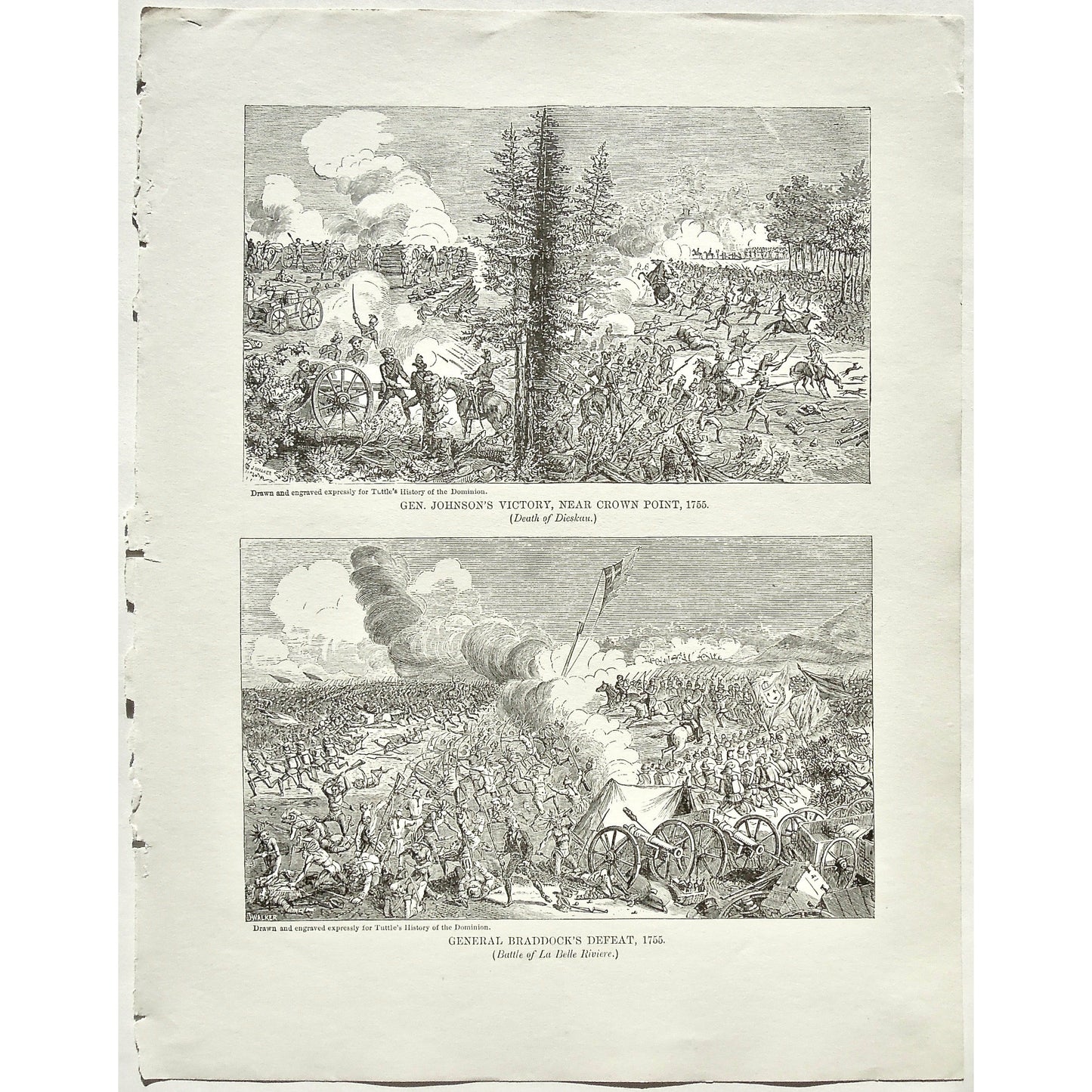 Gen. Johnson's Victory, Near Crown Point, 1755, Death of Dieskau., General Johnson, Death, Dieskau, General Braddock's Defeat, Battle of La Belle Riviere, General Braddock, Defeat, Battle, Battles, La Belle Riviere, Soldiers, Troops, Cavalry, Weapons, Guns, War, Army, Battle Formation, Canons, Swords, Flag, Tuttle, Charles Tuttle, History of the Dominion, Popular History of the Dominion, Downie, Bigney, History, Dominion, Canada, Canadian History, Antique, Antique Print, Steel Engraving, Engraving, Prints,