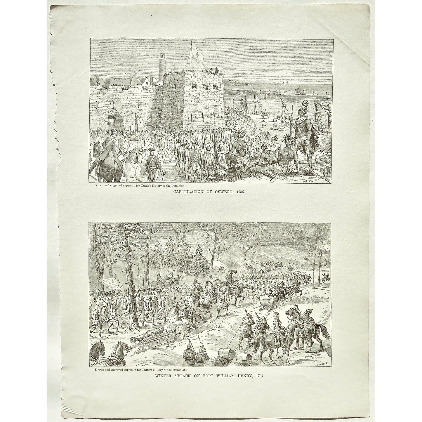 Capitulation of Oswego, 1756, Capitulation, Oswego, Winter Attack on Fort William Henry, Winter Attack, Attack, Fort William Henry, 1757, Fort, Natives, Soldiers, Troops, Cavalry, Weapons, Guns, War, Army, Formation, Canons, Swords, Sleds, Sleigh, Sleighs, Flag, Tuttle, Charles Tuttle, History of the Dominion, Popular History of the Dominion, Downie, Bigney, History, Dominion, Canada, Canadian History, Antique, Antique Print, Steel Engraving, Engraving, Prints, Printmaking, Original, Rare prints, rare books