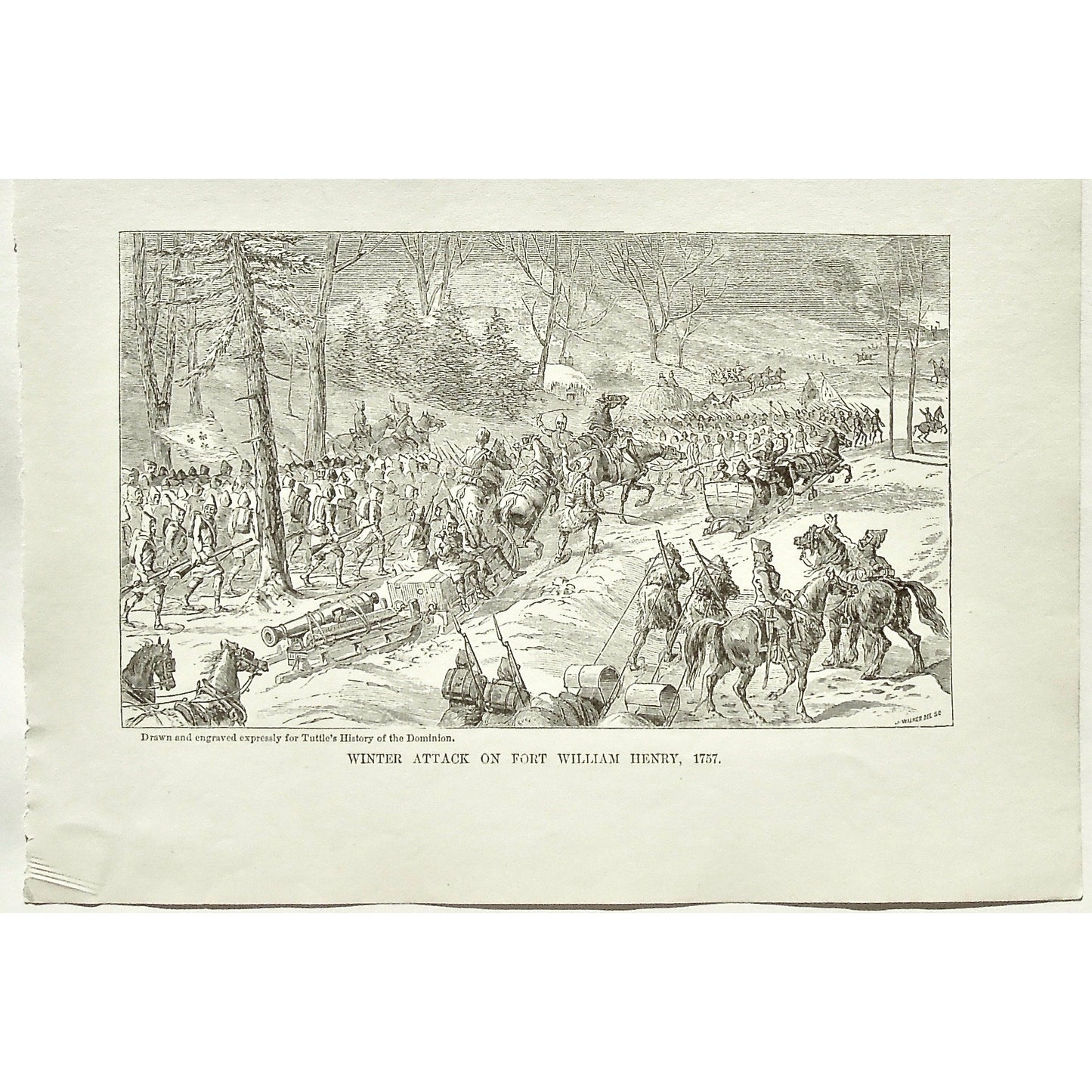 Winter Attack on Fort William Henry, Winter Attack, Winter, Snow, Attack, Fort William Henry, 1757, Fort, Soldiers, Troops, Horses, Cavalry, Weapons, Guns, War, Army, Formation, Canons, Swords, Sleds, Sleigh, Sleighs, Flag, Tuttle, Charles Tuttle, History of the Dominion, Popular History of the Dominion, Downie, Bigney, History, Dominion, Canada, Canadian History, Antique, Antique Print, Steel Engraving, Engraving, Prints, Printmaking, Original, Rare prints, rare books, Wall decor, Home decor, office art,