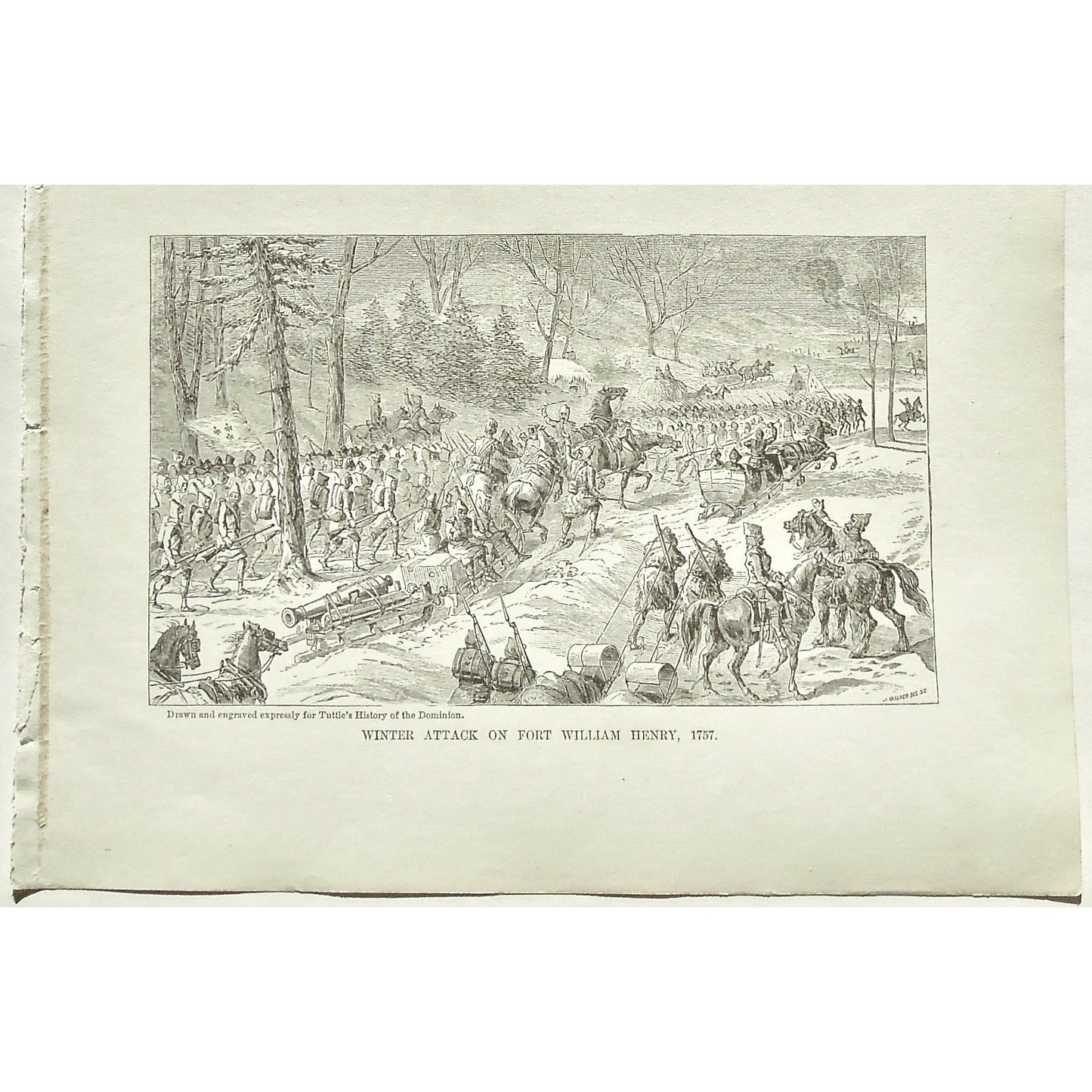 Winter Attack on Fort William Henry, Winter Attack, Winter, Snow, Attack, Fort William Henry, 1757, Fort, Soldiers, Troops, Horses, Cavalry, Weapons, Guns, War, Army, Formation, Canons, Swords, Sleds, Sleigh, Sleighs, Flag, Tuttle, Charles Tuttle, History of the Dominion, Popular History of the Dominion, Downie, Bigney, History, Dominion, Canada, Canadian History, Antique, Antique Print, Steel Engraving, Engraving, Prints, Printmaking, Original, Rare prints, rare books, Wall decor, Home decor, office art,