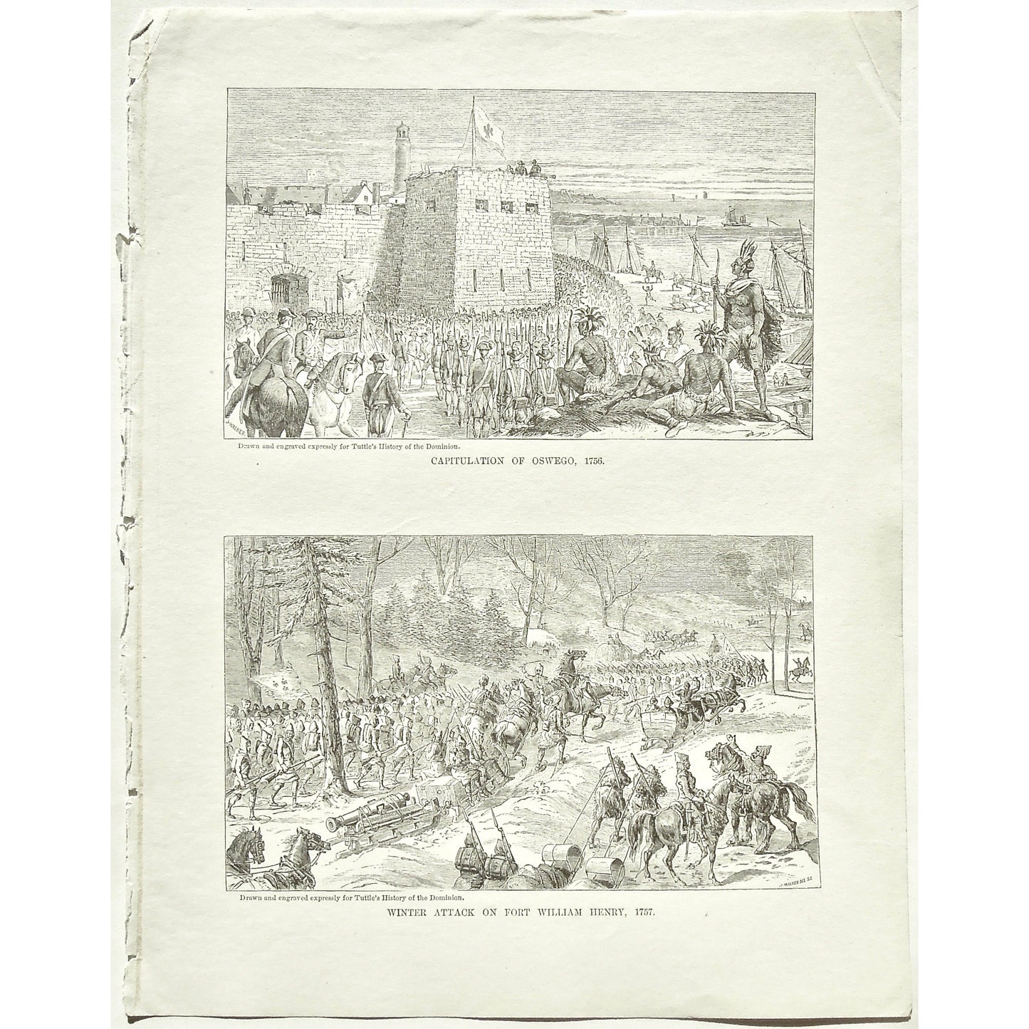 Capitulation of Oswego, 1756, Capitulation, Oswego, Winter Attack on Fort William Henry, Winter Attack, Attack, Fort William Henry, 1757, Fort, Natives, Soldiers, Troops, Cavalry, Weapons, Guns, War, Army, Formation, Canons, Swords, Sleds, Sleigh, Sleighs, Flag, Tuttle, Charles Tuttle, History of the Dominion, Popular History of the Dominion, Downie, Bigney, History, Dominion, Canada, Canadian History, Antique, Antique Print, Steel Engraving, Engraving, Prints, Printmaking, Original, Rare prints, rare books