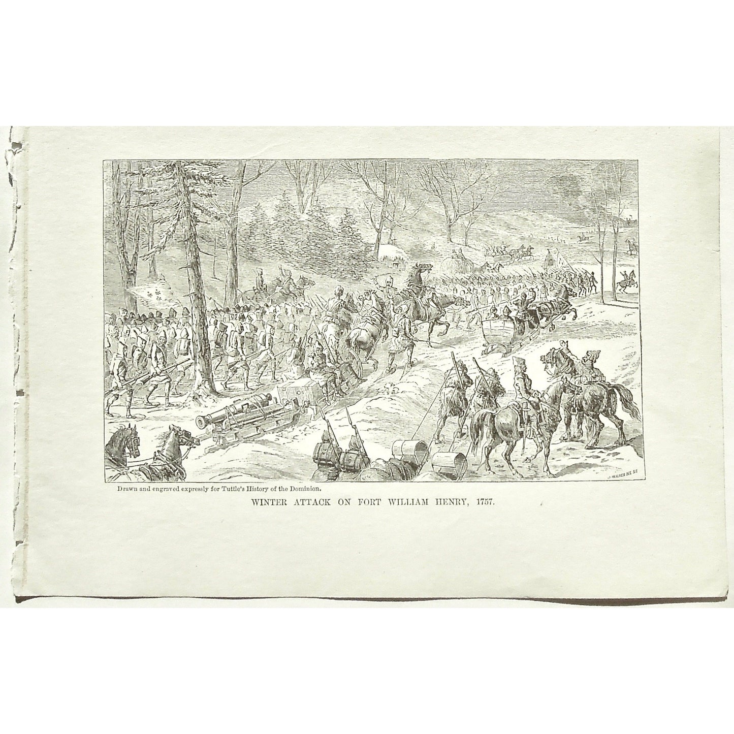 Winter Attack on Fort William Henry, Winter Attack, Winter, Snow, Attack, Fort William Henry, 1757, Fort, Soldiers, Troops, Horses, Cavalry, Weapons, Guns, War, Army, Formation, Canons, Swords, Sleds, Sleigh, Sleighs, Flag, Tuttle, Charles Tuttle, History of the Dominion, Popular History of the Dominion, Downie, Bigney, History, Dominion, Canada, Canadian History, Antique, Antique Print, Steel Engraving, Engraving, Prints, Printmaking, Original, Rare prints, rare books, Wall decor, Home decor, office art,