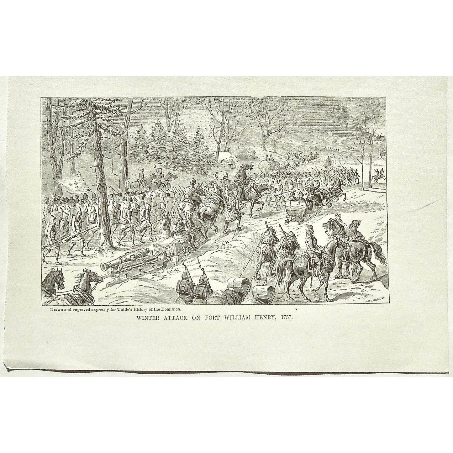 Winter Attack on Fort William Henry, Winter Attack, Winter, Snow, Attack, Fort William Henry, 1757, Fort, Soldiers, Troops, Horses, Cavalry, Weapons, Guns, War, Army, Formation, Canons, Swords, Sleds, Sleigh, Sleighs, Flag, Tuttle, Charles Tuttle, History of the Dominion, Popular History of the Dominion, Downie, Bigney, History, Dominion, Canada, Canadian History, Antique, Antique Print, Steel Engraving, Engraving, Prints, Printmaking, Original, Rare prints, rare books, Wall decor, Home decor, office art,