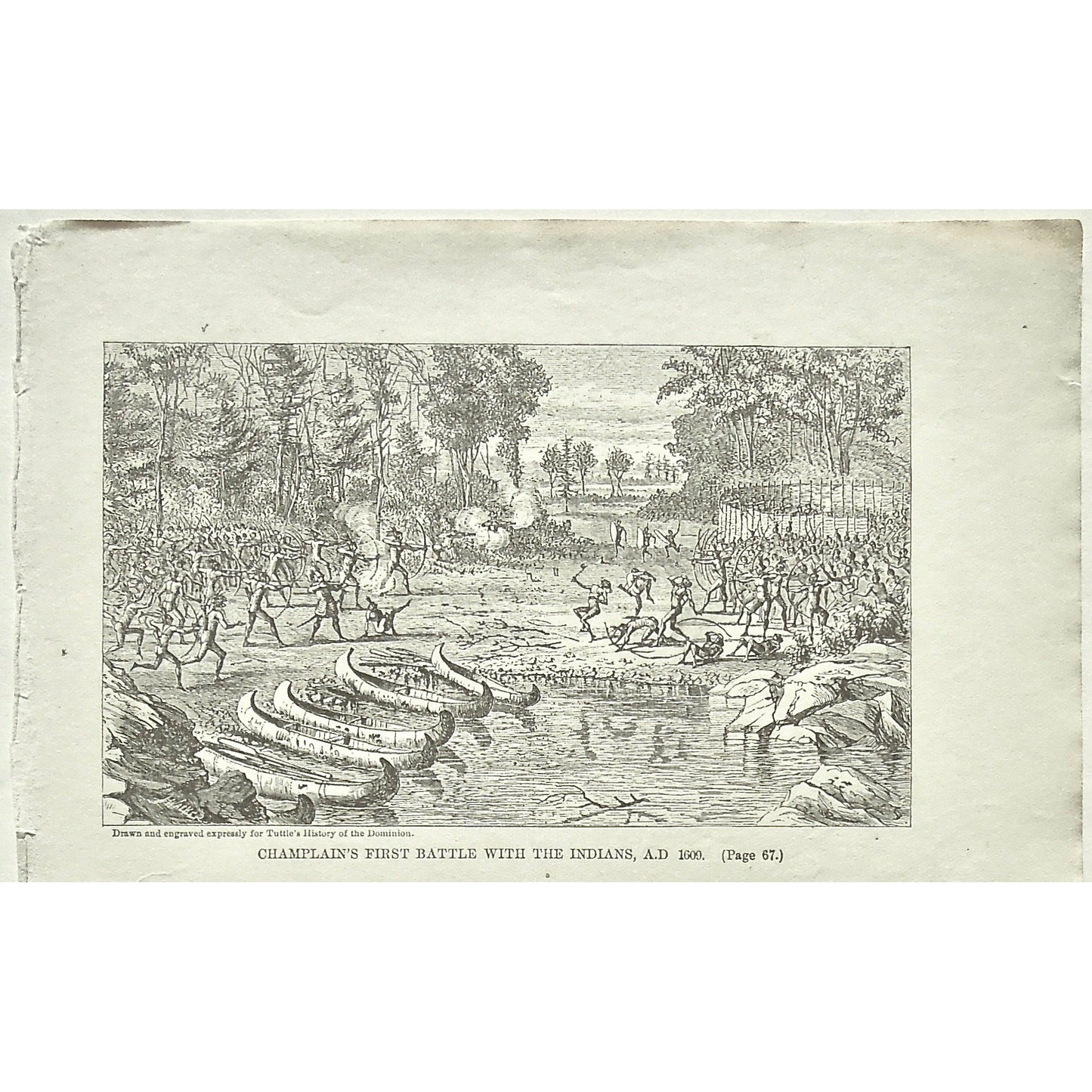 Champlain's First Battle with the Indians, 1609, Champlain, Battle with the Indians, Battle, Indians, Native, Natives, Battles, Canoes, Boats, Soldiers, Troops, Bow and Arrow, Bows and Arrows, Weapons, Guns, War, Army, Formation, Charles Tuttle, History of the Dominion, Popular History of the Dominion, Downie, Bigney, History, Dominion, Canada, Canadian History, Antique, Antique Print, Steel Engraving, Engraving, Prints, Printmaking, Original, Rare prints, rare books, Wall decor, Home decor, office art, art