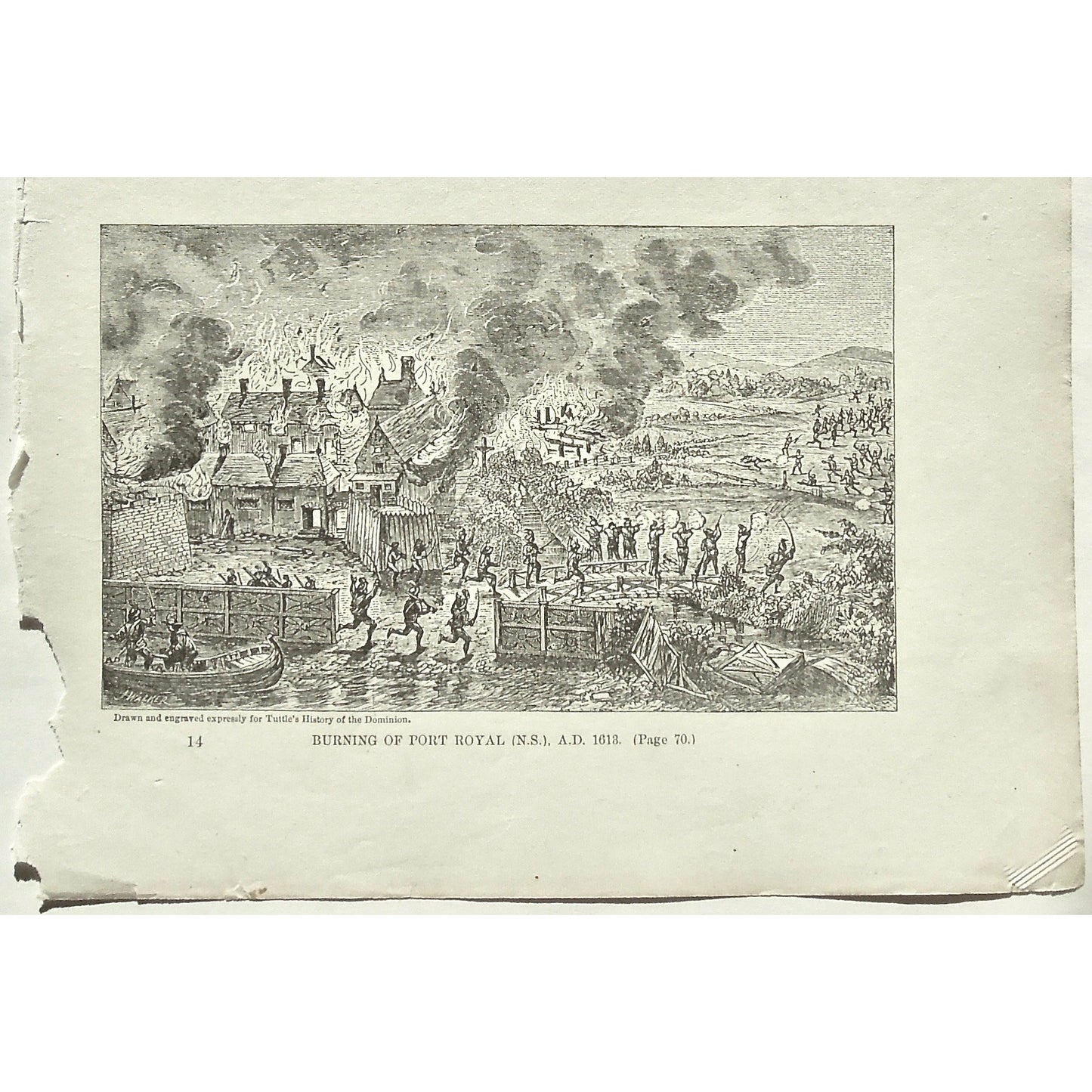Battle, Indians, Native, Natives, Burning of Port Royal, N.S., 1613, Burning, Port Royal, Nova Scotia, Battles, Soldiers, Troops, Bow and Arrow, Bows and Arrows, Weapons, Guns, War, Army, Formation, Tuttle, Charles Tuttle, History of the Dominion, Popular History of the Dominion, Downie, Bigney, History, Dominion, Canada, Canadian History, Antique, Antique Print, Steel Engraving, Engraving, Prints, Printmaking, Original, Rare prints, rare books, Wall decor, Home decor, office art, Unique, 1877, Historical
