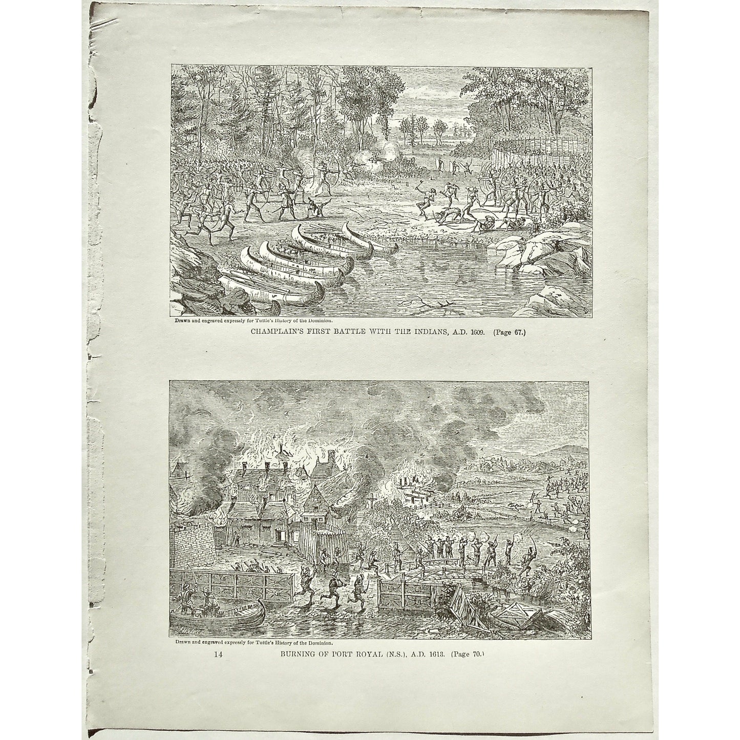 Champlain's First Battle with the Indians, 1609, Champlain, Battle with the Indians, Battle, Indians, Native, Natives, Burning of Port Royal, N.S., 1613, Burning, Port Royal, Nova Scotia, Battles, Canoes, Boats, Soldiers, Troops, Bow and Arrow, Bows and Arrows, Weapons, Guns, War, Army, Formation, Tuttle, Charles Tuttle, History of the Dominion, Popular History of the Dominion, Downie, Bigney, History, Dominion, Canada, Canadian History, Antique, Antique Print, Steel Engraving, Engraving, Prints, Historical
