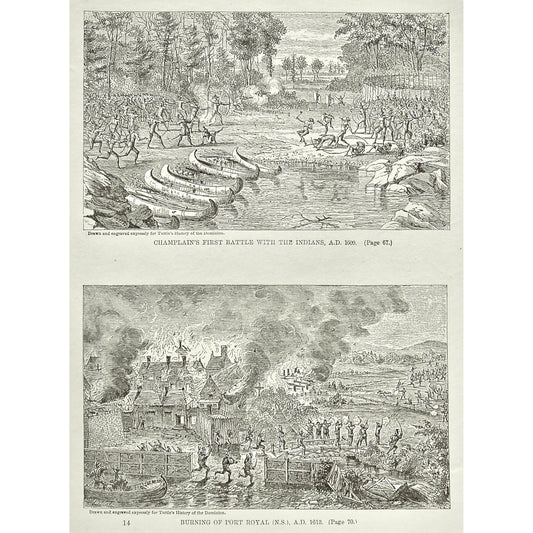 Champlain's First Battle with the Indians, 1609, Champlain, Battle with the Indians, Battle, Indians, Native, Natives, Burning of Port Royal, N.S., 1613, Burning, Port Royal, Nova Scotia, Battles, Canoes, Boats, Soldiers, Troops, Bow and Arrow, Bows and Arrows, Weapons, Guns, War, Army, Formation, Tuttle, Charles Tuttle, History of the Dominion, Popular History of the Dominion, Downie, Bigney, History, Dominion, Canada, Canadian History, Antique, Antique Print, Steel Engraving, Engraving, Prints, Historical