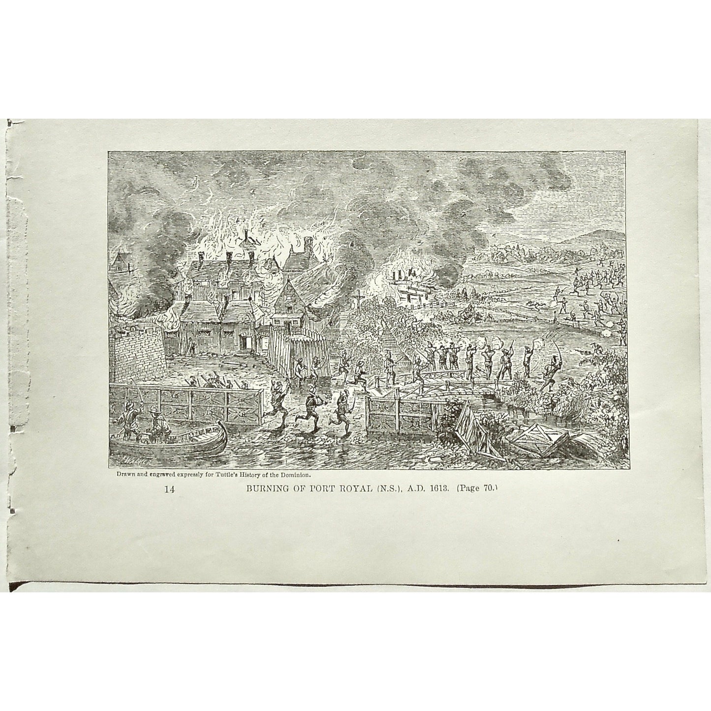 Battle, Indians, Native, Natives, Burning of Port Royal, N.S., 1613, Burning, Port Royal, Nova Scotia, Battles, Soldiers, Troops, Bow and Arrow, Bows and Arrows, Weapons, Guns, War, Army, Formation, Tuttle, Charles Tuttle, History of the Dominion, Popular History of the Dominion, Downie, Bigney, History, Dominion, Canada, Canadian History, Antique, Antique Print, Steel Engraving, Engraving, Prints, Printmaking, Original, Rare prints, rare books, Wall decor, Home decor, office art, Unique, 1877, Historical