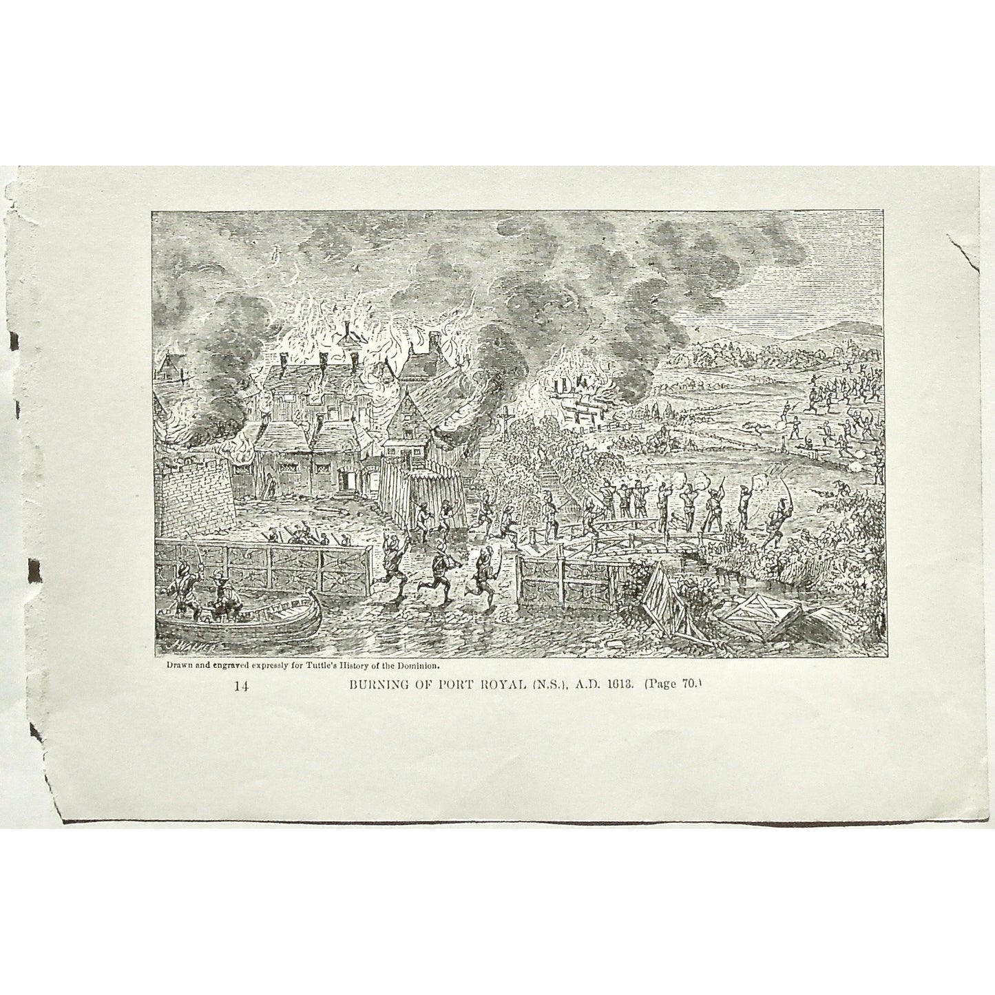 Battle, Indians, Native, Natives, Burning of Port Royal, N.S., 1613, Burning, Port Royal, Nova Scotia, Battles, Soldiers, Troops, Bow and Arrow, Bows and Arrows, Weapons, Guns, War, Army, Formation, Tuttle, Charles Tuttle, History of the Dominion, Popular History of the Dominion, Downie, Bigney, History, Dominion, Canada, Canadian History, Antique, Antique Print, Steel Engraving, Engraving, Prints, Printmaking, Original, Rare prints, rare books, Wall decor, Home decor, office art, Unique, 1877, Historical