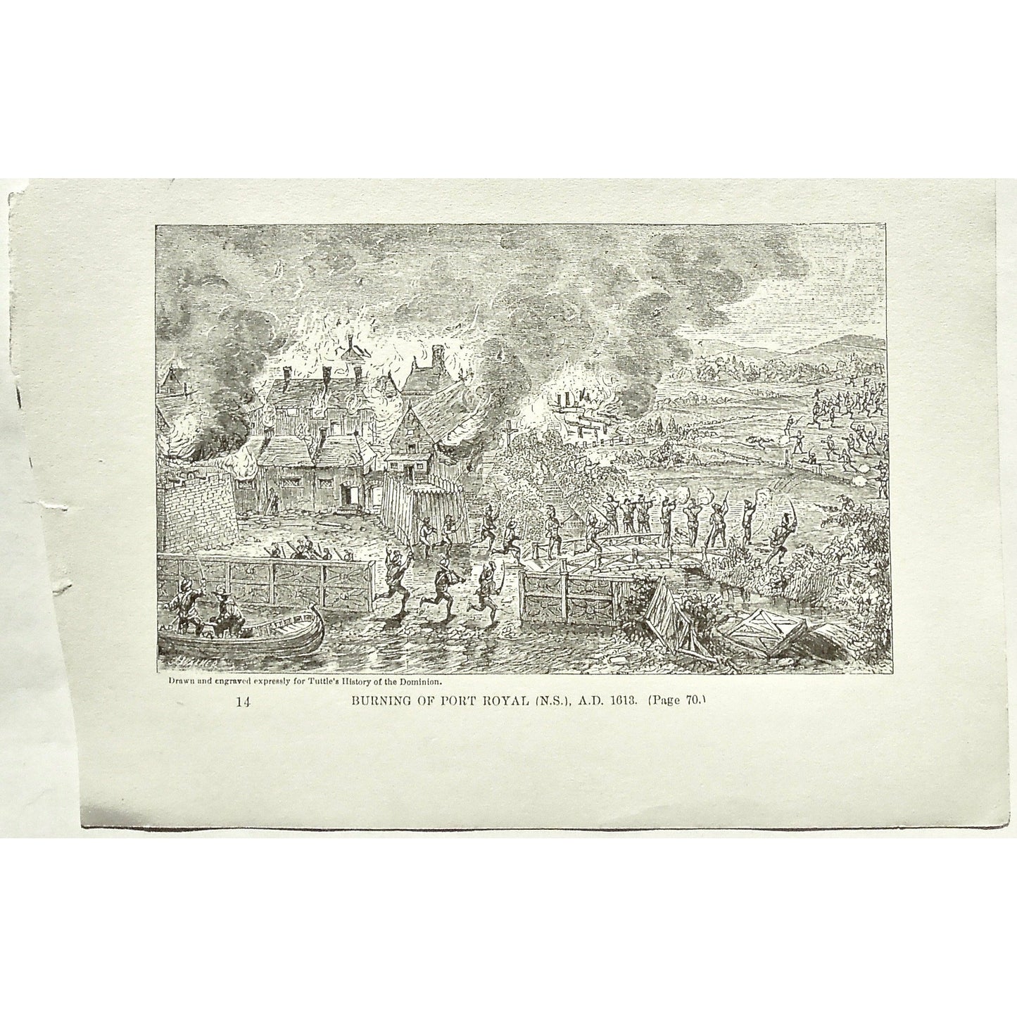 Battle, Indians, Native, Natives, Burning of Port Royal, N.S., 1613, Burning, Port Royal, Nova Scotia, Battles, Soldiers, Troops, Bow and Arrow, Bows and Arrows, Weapons, Guns, War, Army, Formation, Tuttle, Charles Tuttle, History of the Dominion, Popular History of the Dominion, Downie, Bigney, History, Dominion, Canada, Canadian History, Antique, Antique Print, Steel Engraving, Engraving, Prints, Printmaking, Original, Rare prints, rare books, Wall decor, Home decor, office art, Unique, 1877, Historical