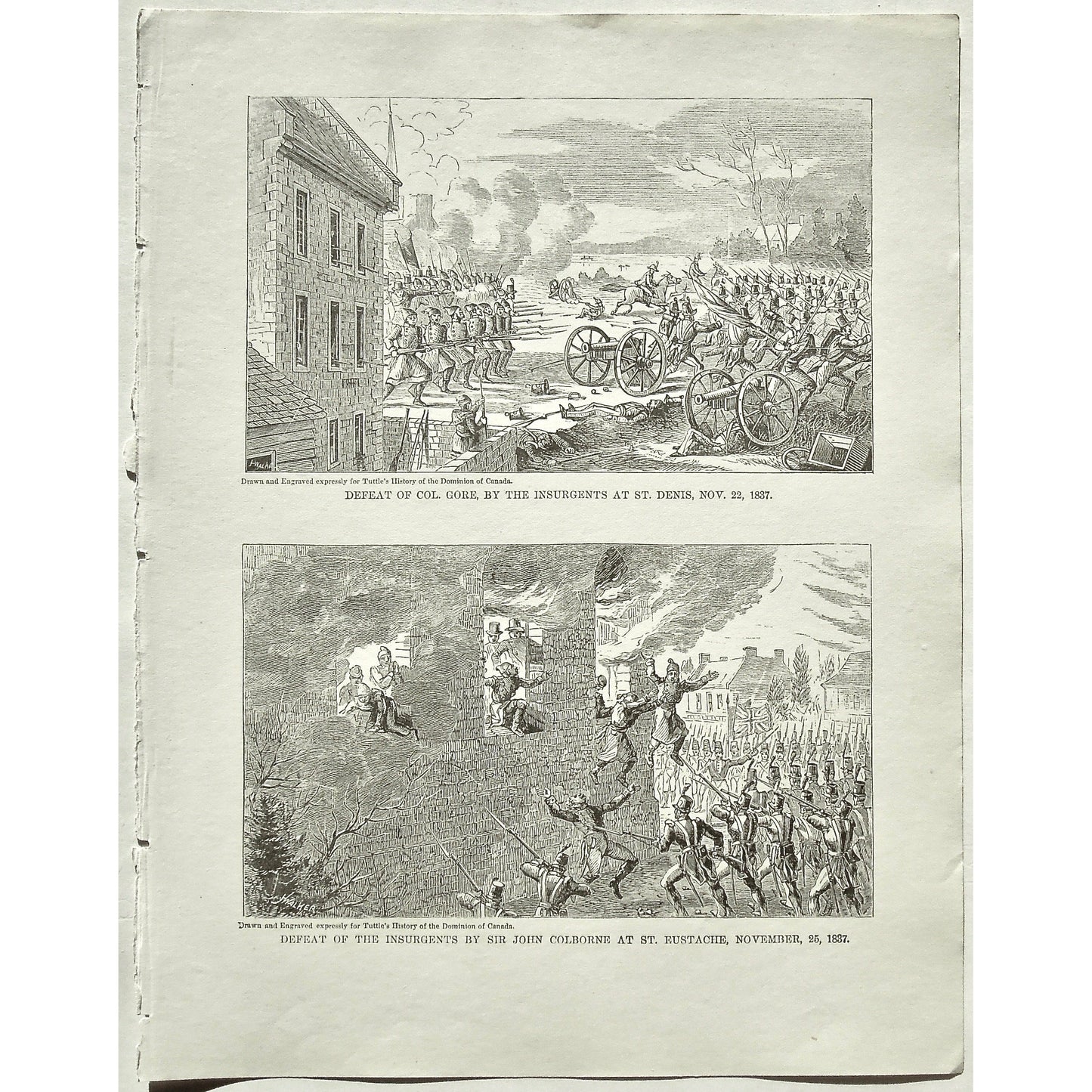 Defeat of Col. Gore, by the Insurgents at St. Denis, Nov. 22, 1837, Defeat, Col. Gore, Colonel Gore, Insurgents, St. Denis, Defeat of the Insurgents by Sir John Colborne at St. Eustache, November, 25, Sir John Colborne, Sir Colborne, St. Eustache, Canada, Weapons, Guns, War, Army, Formation, Canons, Burning, Tuttle, Charles Tuttle, History of the Dominion, Popular History of the Dominion, Downie, Bigney, History, Dominion, Canada, Canadian History, Antique, Antique Print, Steel Engraving, Engraving, Prints,