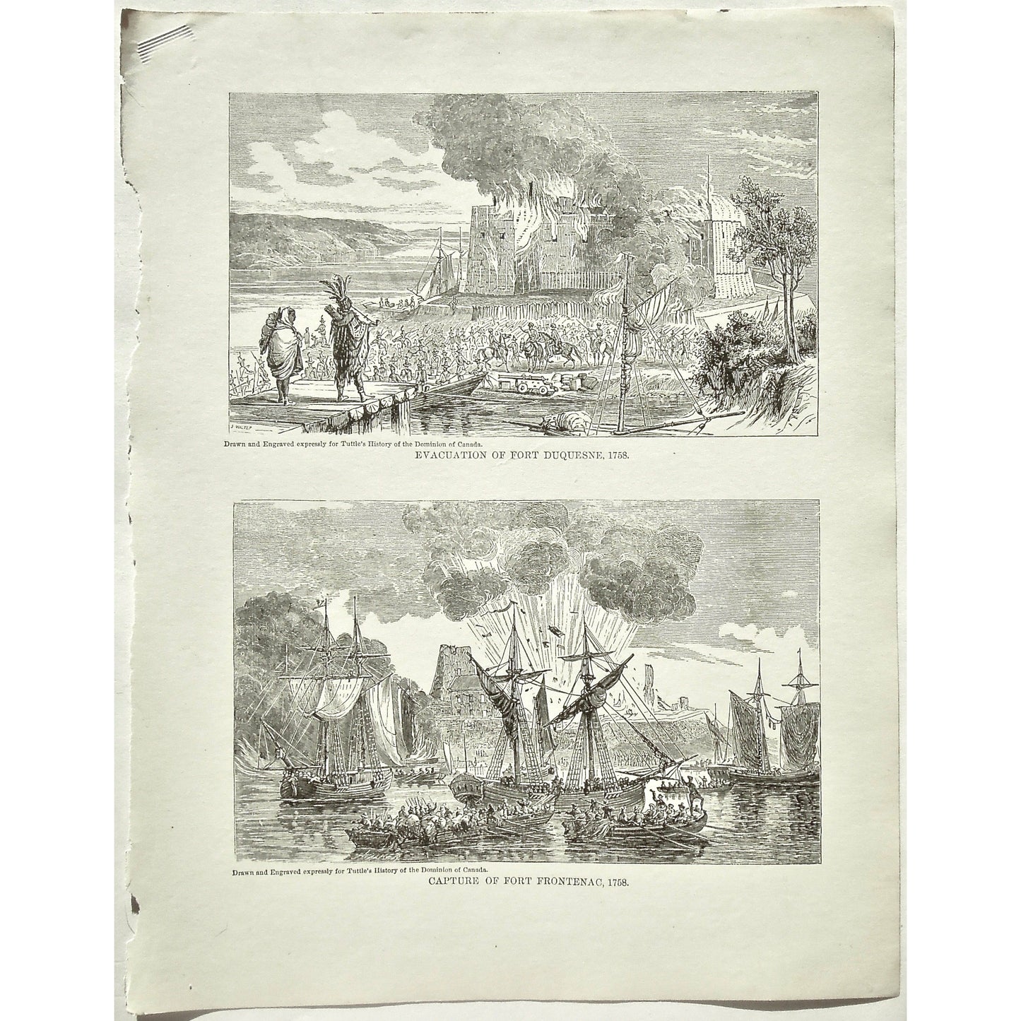 Evacuation of Fort Duquesne, Evacuation, Fort Duquesne, Fort, 1758, Capture of Fort Frontenac, Capture, Fort Frontenac, Canada, Natives, Burning, Ships, Boats, War, Army, Soldiers, Troops, Battle, Battles, Fire, Flames, Tuttle, Charles Tuttle, History of the Dominion, Popular History of the Dominion, Downie, Bigney, History, Dominion, Canada, Canadian History, Antique, Antique Print, Steel Engraving, Engraving, Prints, Printmaking, Original, Rare prints, rare books, Wall decor, Home decor, office art, arts