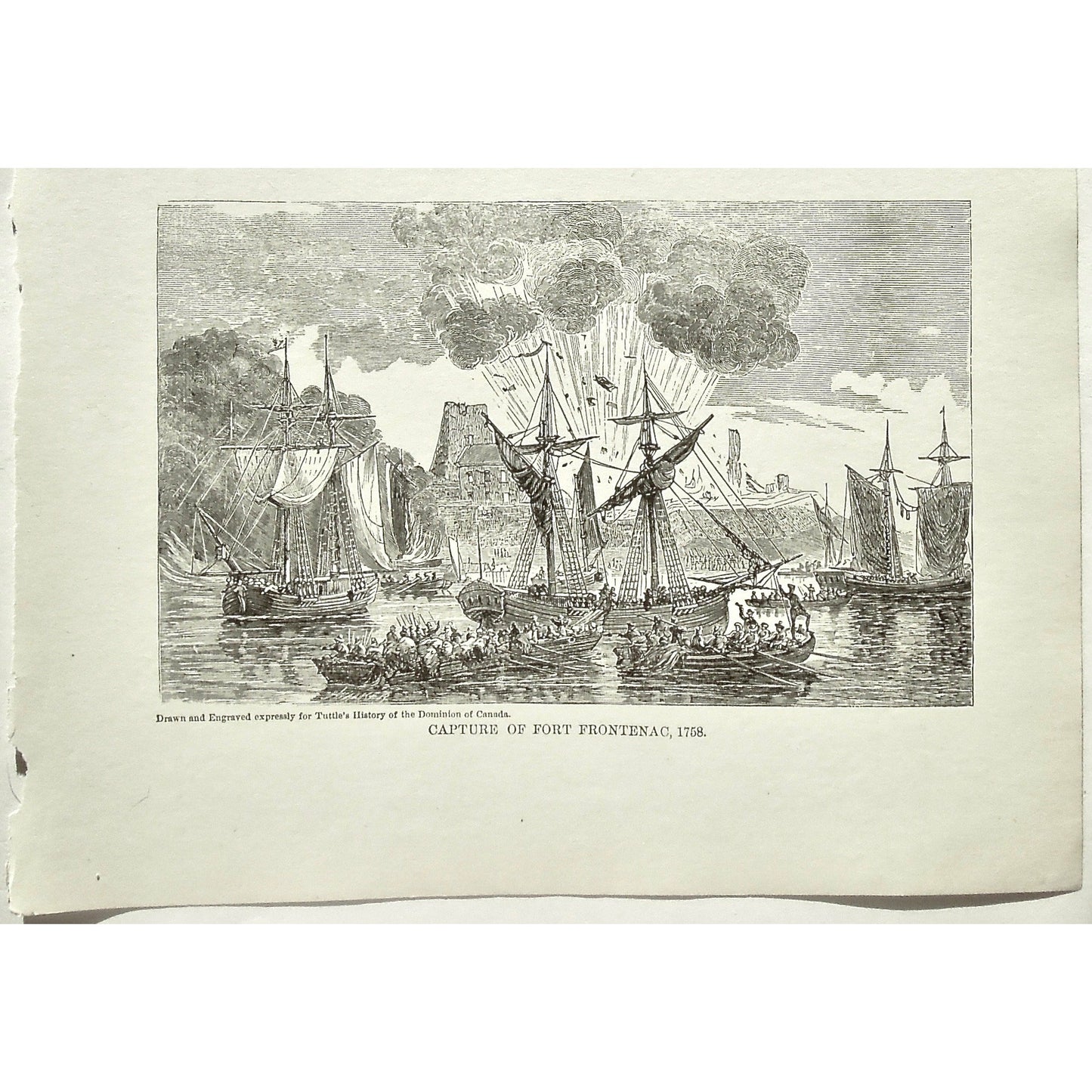 Fort, 1758, Capture of Fort Frontenac, Capture, Fort Frontenac, Canada, Ships, Boats, War, Army, Soldiers, Troops, Battle, Battles, Tuttle, Charles Tuttle, History of the Dominion, Popular History of the Dominion, Downie, Bigney, History, Dominion, Canada, Canadian History, Antique, Antique Print, Steel Engraving, Engraving, Prints, Printmaking, Original, Rare prints, rare books, Wall decor, Home decor, office art, Unique, 1877, Historical Prints, Boats, Ships, Tall Ships, Soldiers, British Army, English,