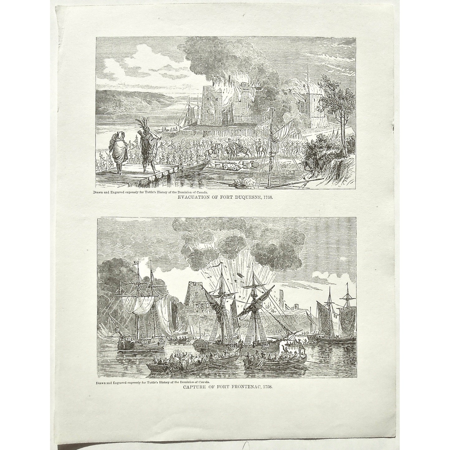 Evacuation of Fort Duquesne, Evacuation, Fort Duquesne, Fort, 1758, Capture of Fort Frontenac, Capture, Fort Frontenac, Canada, Natives, Burning, Ships, Boats, War, Army, Soldiers, Troops, Battle, Battles, Fire, Flames, Tuttle, Charles Tuttle, History of the Dominion, Popular History of the Dominion, Downie, Bigney, History, Dominion, Canada, Canadian History, Antique, Antique Print, Steel Engraving, Engraving, Prints, Printmaking, Original, Rare prints, rare books, Wall decor, Home decor, office art, Arts