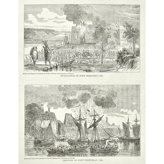 Evacuation of Fort Duquesne, Evacuation, Fort Duquesne, Fort, 1758, Capture of Fort Frontenac, Capture, Fort Frontenac, Canada, Natives, Burning, Ships, Boats, War, Army, Soldiers, Troops, Battle, Battles, Fire, Flames, Tuttle, Charles Tuttle, History of the Dominion, Popular History of the Dominion, Downie, Bigney, History, Dominion, Canada, Canadian History, Antique, Antique Print, Steel Engraving, Engraving, Prints, Printmaking, Original, Rare prints, rare books, Wall decor, Home decor, office art, 1877,