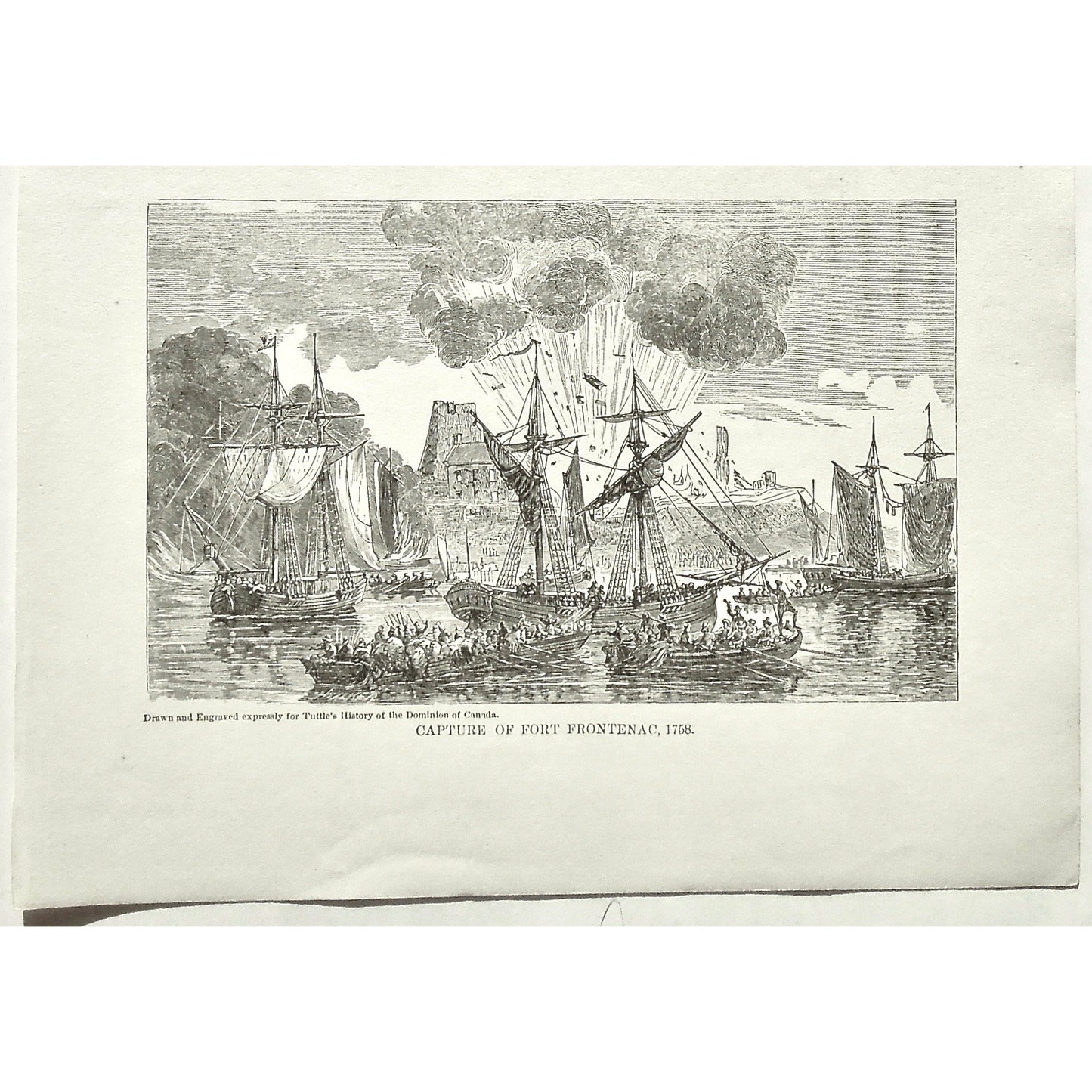 Fort, 1758, Capture of Fort Frontenac, Capture, Fort Frontenac, Canada, Ships, Boats, War, Army, Soldiers, Troops, Battle, Battles, Tuttle, Charles Tuttle, History of the Dominion, Popular History of the Dominion, Downie, Bigney, History, Dominion, Canada, Canadian History, Antique, Antique Print, Steel Engraving, Engraving, Prints, Printmaking, Original, Rare prints, rare books, Wall decor, Home decor, office art, Unique, 1877, Historical Prints, Historical events, Art history, history, interior design,
