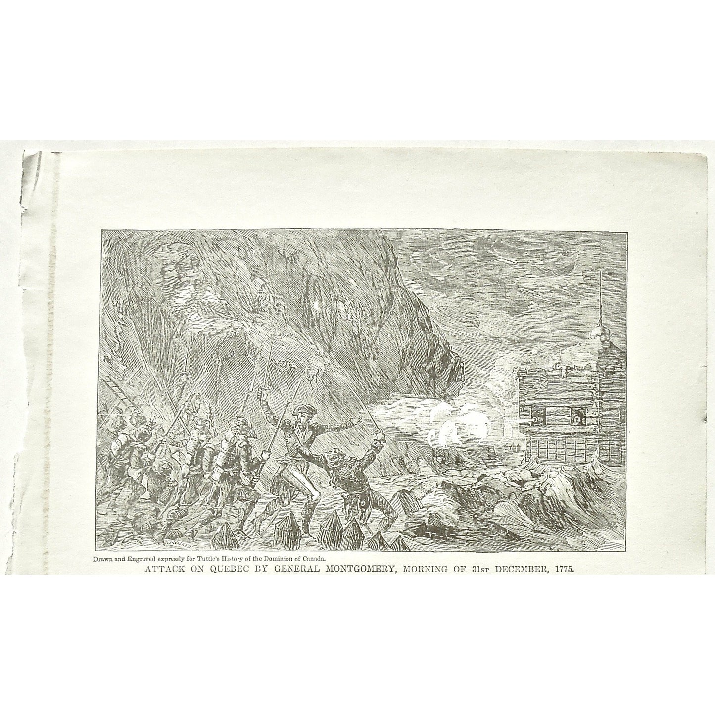 Attack on Quebec by General Montgomery, Morning of 31st December, 1775, Attack, Quebec, Gen. Montgomery, General Montgomery, December 31st, Dec. 31, War, Army, Soldiers, Troops, Battle, Battles, Fort, Weapons, Guns, Swords, British, English Troops, British Troops, Tuttle, Charles Tuttle, History of the Dominion, Popular History of the Dominion, Downie, Bigney, History, Dominion, Canada, Canadian History, Antique, Antique Print, Steel Engraving, Engraving, Prints, Printmaking, Original, Rare prints, rare art