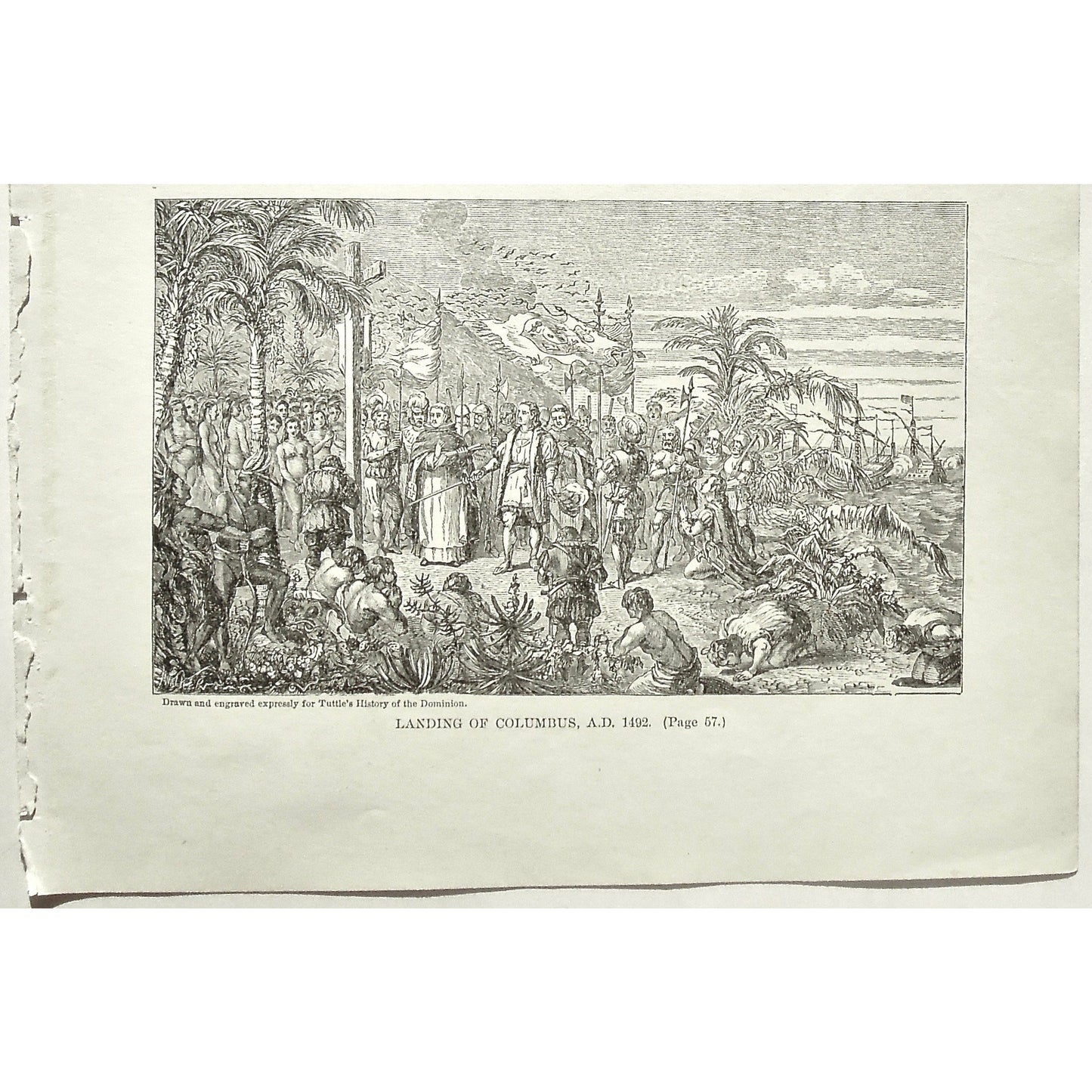 Indians, Natives, Landing of Columbus, 1492, Landing, Columbus, Christopher Columbus, Cross, Religion, Religious, Prayer, Worship, Kissing the ground, Tuttle, Charles Tuttle, History of the Dominion, Popular History of the Dominion, Downie, Bigney, History, Dominion, Canada, Canadian History, Antique, Antique Print, Steel Engraving, Engraving, Prints, Printmaking, Original, Rare prints, rare books, Wall decor, Home decor, office art, Unique, 1877, Aboriginal, American History, Historical Prints, History,