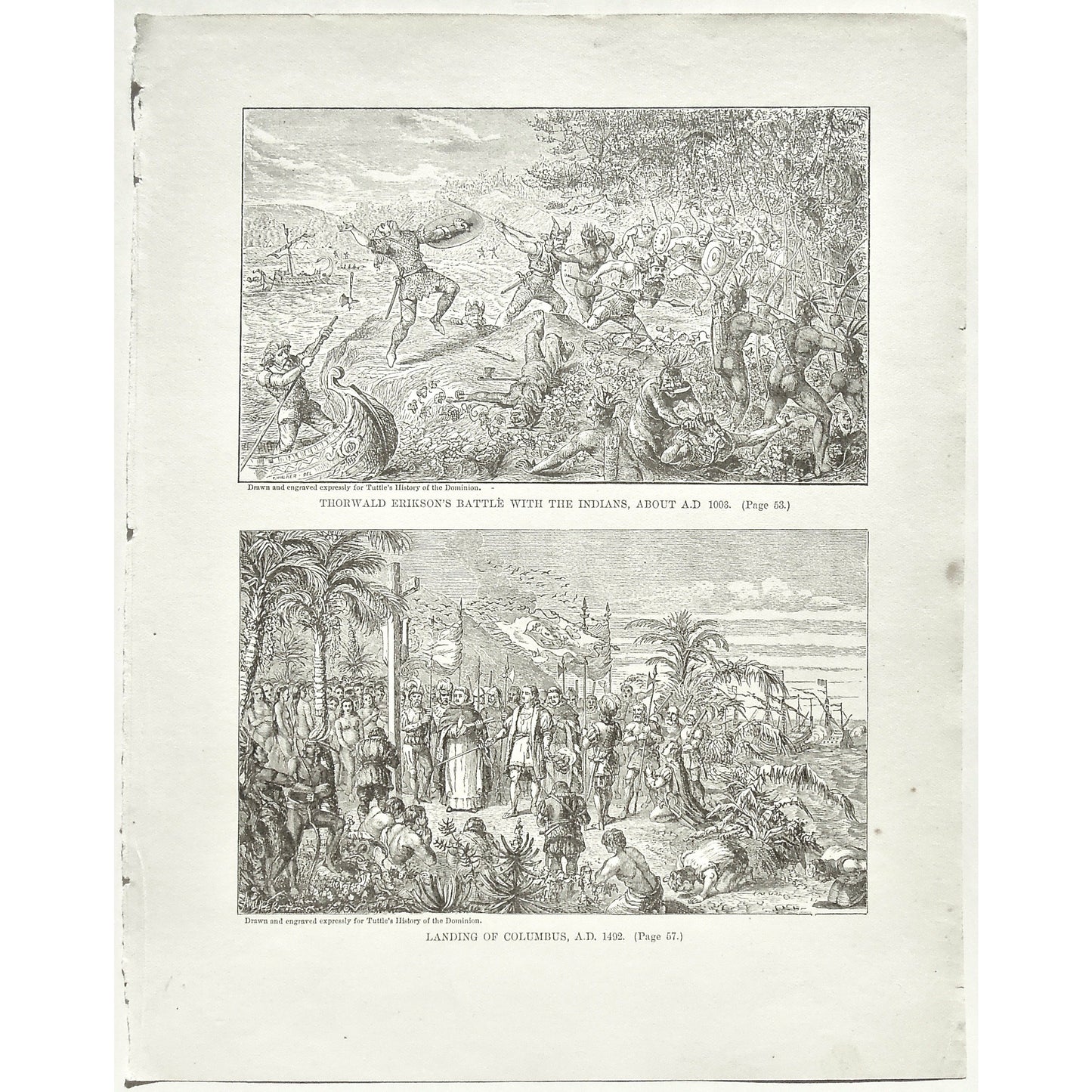 Thorwald Erikson's Battle with the Indians, 1003, Thorwald Erikson, Battle, Battle with the Indians, Indians, Natives, Landing of Columbus, 1492, Landing, Columbus, Christopher Columbus, Battles, War, Fighting, Bows and Arrows, Bow and Arrow, Ship, Boat, Swords, Sheilds, Scalping, Knives, Armor, Cross, Religion, Religious, Prayer, Worship, Kissing the ground, Tuttle, Charles Tuttle, History of the Dominion, Popular History of the Dominion, Downie, Bigney, History, Dominion, Canada, Canadian History, Antique
