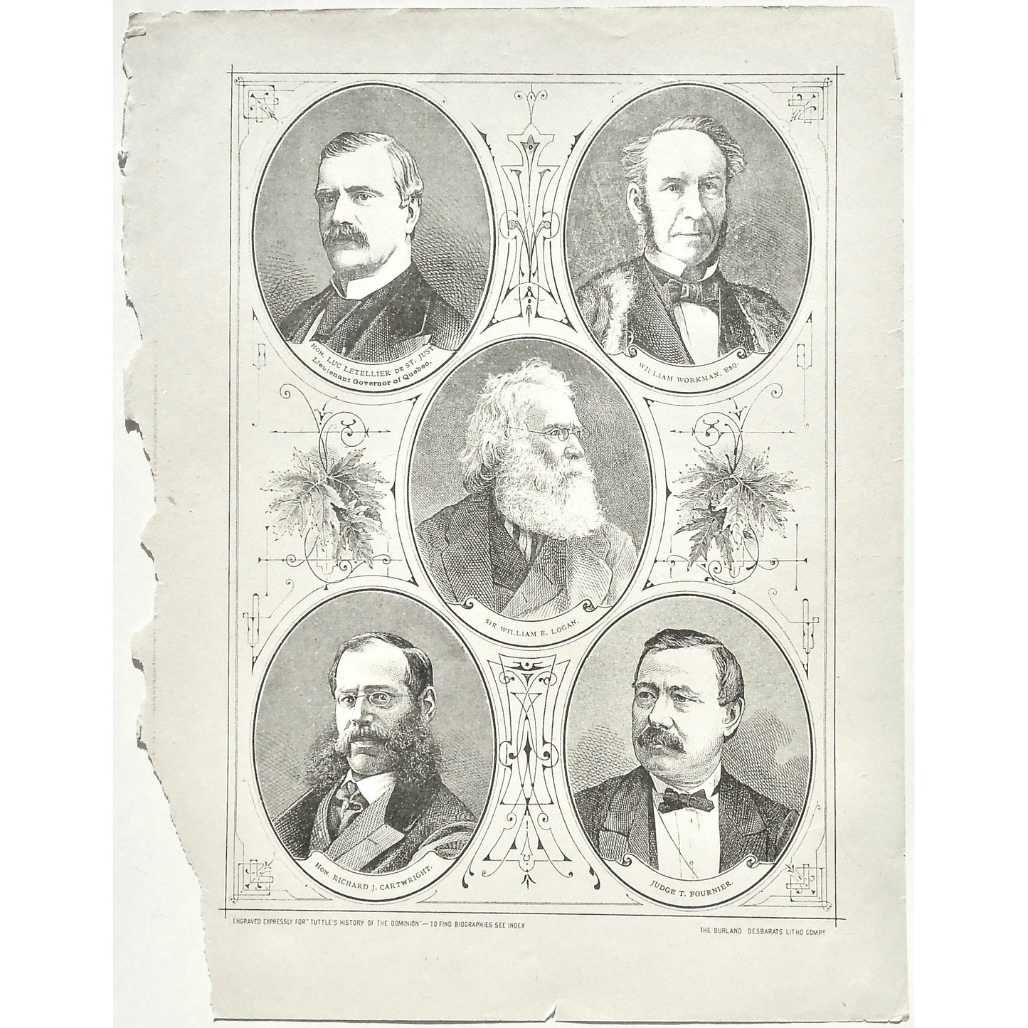 Hon. Luc Letellier De St. Just, Lieutenant Governor of Quebec, William Workman, Esq, Sir William E. Logan, Hon. Richard J. Cartwright, Judge T. Fournier, Letellier, Lieutenant Governor, Quebec, Workman, Logan, Cartwright, Judge, Honorable, Fournier, Portrait, Portraits, Portraiture, Tuttle, Charles Tuttle, History of the Dominion, Popular History of the Dominion, Downie, Bigney, History, Dominion, Canada, Canadian History, Antique, Antique Print, Steel Engraving, Engraving, Prints, Printmaking, Original,