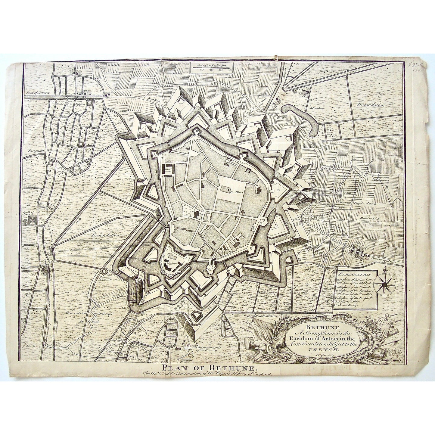 Plan of Bethune, Plan, City Plan, Bethune, Tindal, Rapin's, History of England, Mr. Tindal's Continuation of Mr. Rapin's History of England, Map, Maps, Mapping, Town, Town Plan, Palace, Stand, Meadow, Innondation, La vigne, Gate of the Strand, New Gate, Road of St. Omers, Coupuzeomt, Water of the Tappen, Castle of Avenen, Castle, Avenen, White River, Cannals, Mote, Ruined Redoubt, Biett, Hand Morters, General Schuylenberg's Attack, General Schuylenberg, Hauw, Gate of the H. Ghost, Gate of the House Ghost, 