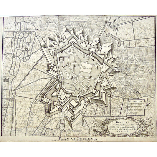 Plan of Bethune, Plan, City Plan, Bethune, Tindal, Rapin's, History of England, Mr. Tindal's Continuation of Mr. Rapin's History of England, Map, Maps, Mapping, Town, Town Plan, Palace, Stand, Meadow, Innondation, La vigne, Gate of the Strand, New Gate, Road of St. Omers, Coupuzeomt, Water of the Tappen, Castle of Avenen, Castle, Avenen, White River, Cannals, Mote, Ruined Redoubt, Biett, Hand Morters, General Schuylenberg's Attack, General Schuylenberg, Hauw, Gate of the H. Ghost, Gate of the House Ghost, 