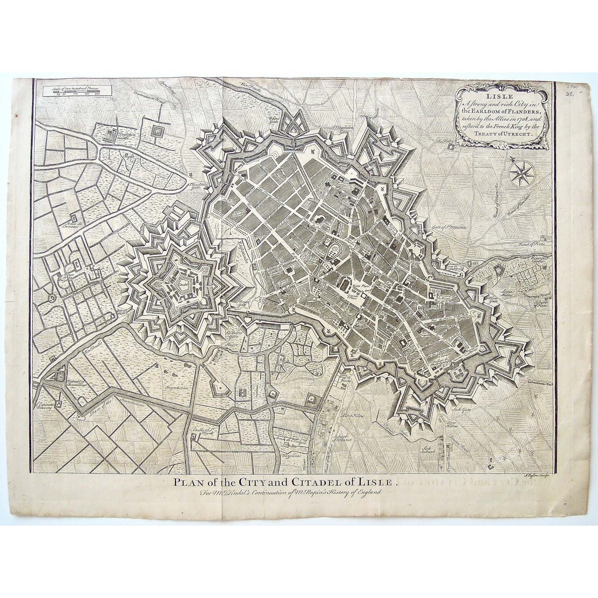Map, Mappe, Maps, Mapmaking, Art, Decor, Interior, Plan of the City, Plan, City Plan, City of Lisle, Lisle, Citadel, Citadel of Lisle, Lisle Citadel, Mr. Tindal's Continuation of Mr. Rapin's History of England, Mr. Tindal, Mr. Rapin, History of England, J. Basire, Basire, Earldom of Flanders, Flanders, 1708, Taken by the allies, restored to the French King, Treaty of Utrecht, Lime-Kilns, Bon Air Castle, Gate of St. Maurice, Fives Gate, Tournay Road, Suburb of Fives, Sick Suburb, Road of Bassee, Wazennes, 