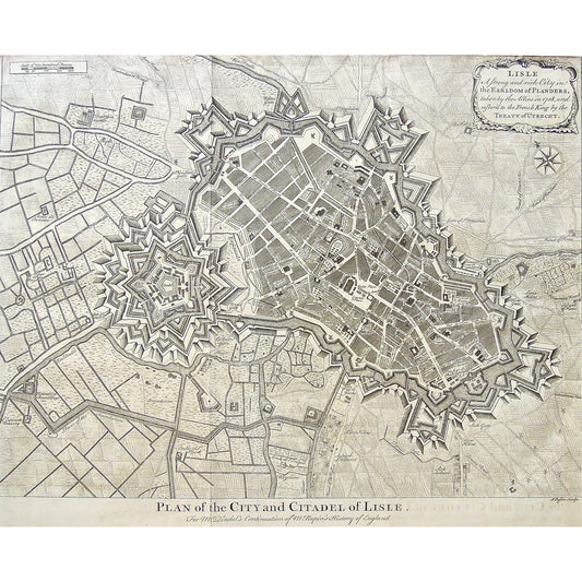 Map, Maps, Mappe, Maping, Plan, Town, European Maps, Plan of the City, Plan, City Plan, City of Lisle, Lisle, Citadel, Citadel of Lisle, Lisle Citadel, Mr. Tindal's Continuation of Mr. Rapin's History of England, Mr. Tindal, Mr. Rapin, History of England, J. Basire, Basire, Earldom of Flanders, Flanders, 1708, Taken by the allies, restored to the French King, Treaty of Utrecht, Lime-Kilns, Bon Air Castle, Road of Bassee, Wazennes, Gate of Notre Dame, Castle of St. Mark, Esplanade, 