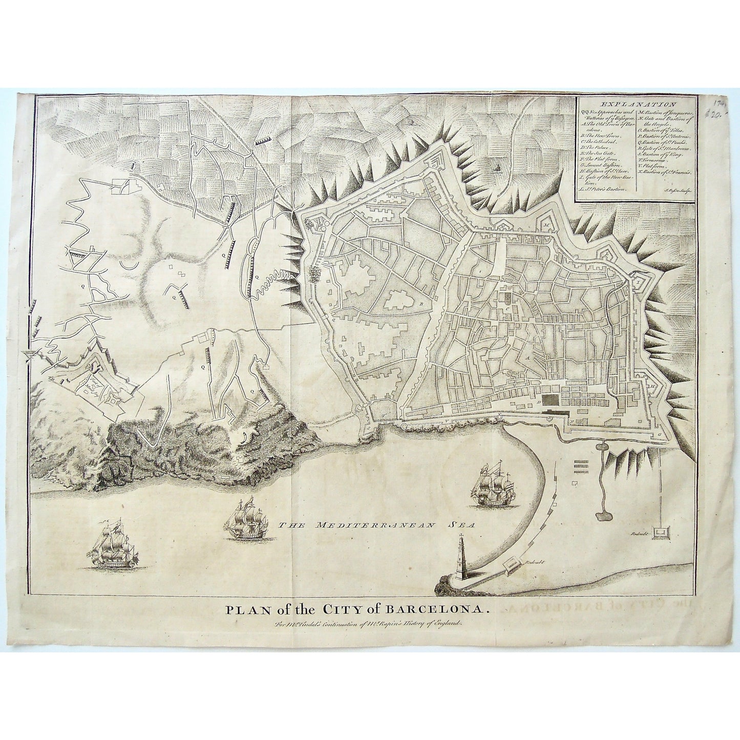 Map, Maps, Mapping, Mappe, Spain, Espagne, Spanish, Plan of the City, Plan, City Plan, City of Barcelona, Barcelona, Mr. Tindal's Continuation of Mr. Rapin's History of England, Mr. Tindal, Mr. Rapin, History of England, J. Basire, Basire, Redoubt, Fort of Mont Joy, Mediterranean Sea, Med. Sea, Med. Ocean, Mediterranean, Mediterranean Ocean, Ships, Tall ships, Boats, Boating, Battery, Batteries, Battery of beseiger, Old Town Barcelona, New Town, New Town Barcelona, Cathedral, Palace, Sea Gate, Platform,