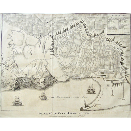 Plan of the City, Plan, City Plan, City of Barcelona, Barcelona, Mr. Tindal's Continuation of Mr. Rapin's History of England, Mr. Tindal, Mr. Rapin, History of England, J. Basire, Basire, Redoubt, Fort of Mont Joy, Mediterranean Sea, Med. Sea, Med. Ocean, Mediterranean, Mediterranean Ocean, Ships, Tall ships, Boats, Boating, Battery, Batteries, Battery of beseiger, Old Town Barcelona, New Town, New Town Barcelona, Cathedral, Palace, Sea Gate, Platform, Sevant Bastion, Bastion, Bastion of St. Clare, Gate of 