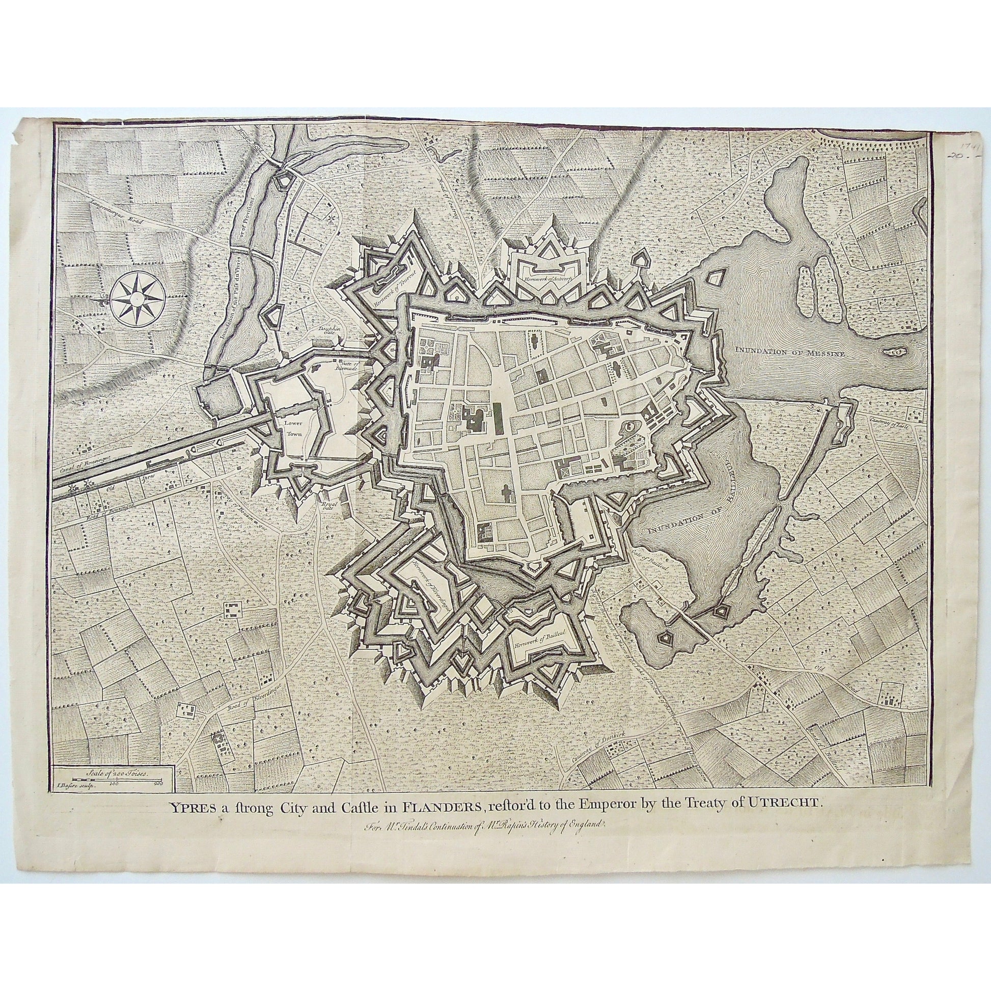Belgium, Ypres, City of Ypres, Ypres City, Castle in Flanders, Flanders, Castle, restored to the Emperor, Treaty of Utrecht, Plan of the City, Plan, City Plan, Mr. Tindal's Continuation of Mr. Rapin's History of England, Mr. Tindal, Mr. Rapin, History of England, J. Basire, Basire, Dunkirk, Bailleul, Hornwork, Elverdingue, Hornwork of Elverdingue, Hornwork of Ballieul, Gate of Ballieul, Inundation od Pass de Vivres, Inundation of Provisions, Langenturque, Dauphin Gate, Gate of Dixmude, Map, Maps, Mappe, Art