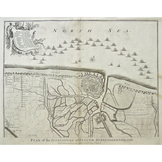 Belgium, Ostend, City of Ostend, Ostend City, Plan of the City, Plan, City Plan, Mr. Tindal's Continuation of Mr. Rapin's History of England, Mr. Tindal, Mr. Rapin, History of England, J. Basire, Basire, Surrendered, 6 July, 1706, West Flanders, Flanders, Bredene, Meadow of Bredene, Strand at Low Water, Den Swanen Hoeck, Ostend to Bruges, Canal of Ostend, Farthest Creek, Fort St. Philip, Overflowed Mead, S. Michel, Steene, Trench at Plassendaal, Sacconay, Junius, Harbour, North Sea, The North Sea, Key, Key 