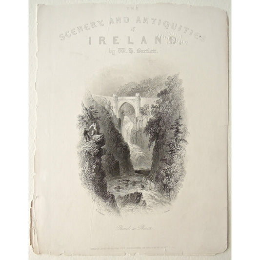 Ireland, Bridge, Scenery, Title Page, Antiquities, Waterfall, Phoul a Phuca, Irish, title pages, Irish bridges, artwork, engraving, design, genre scene, old prints, for sale,