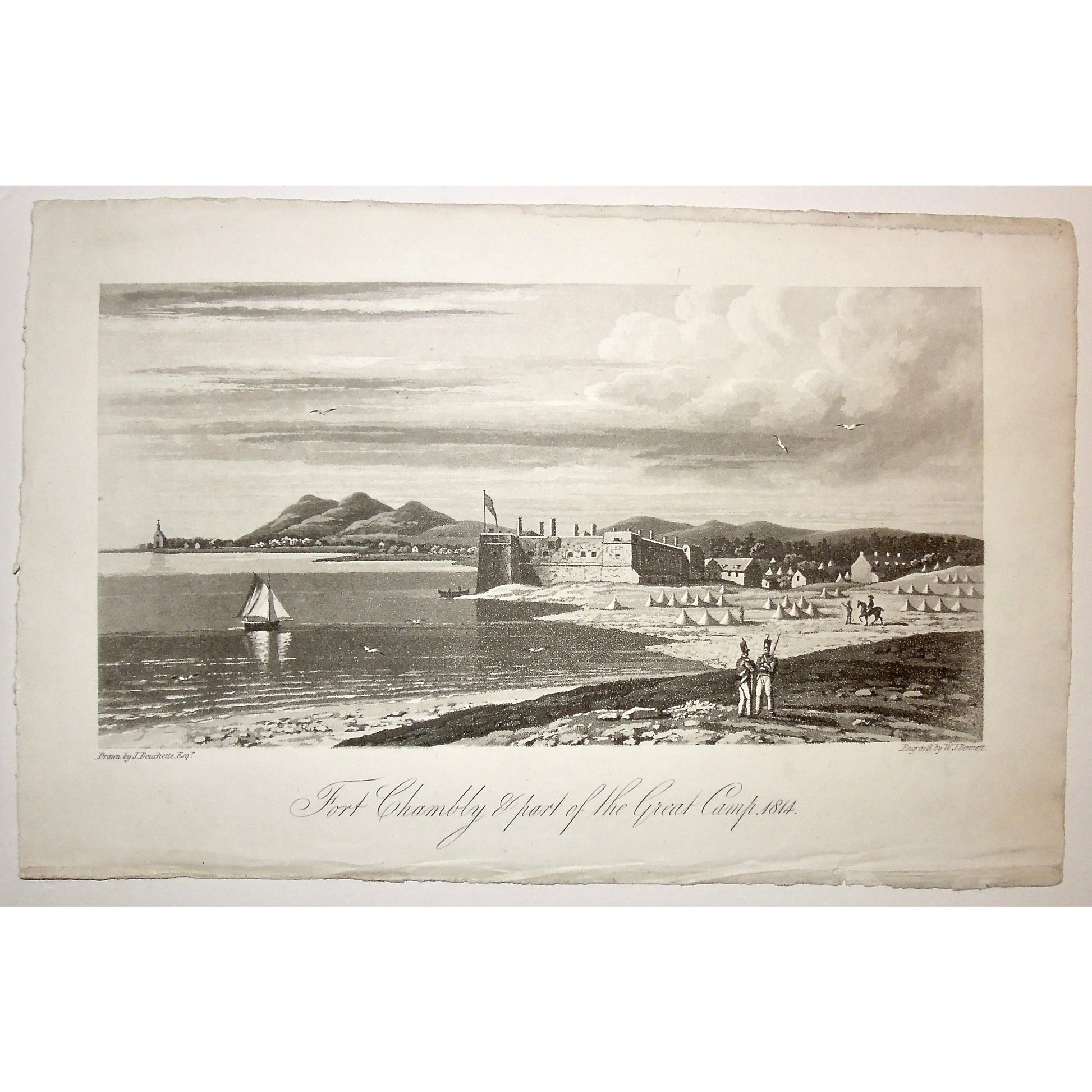 Fort Chambly, Fort, Chambly, Great Camp, 1814, Soldiers, Canadian History, Encampment, Camp, on the water, military, A Topographical Description of the Province of Lower Canada, Lower Canada, Joseph Bouchette, Bouchette, 1815, W. Faden, Faden, W. J. Bennett, Bennett, Charing Cross, London, steel engraving, black and white, Antique, Prints, Decor, Canadiana, Vintage, Art, Wall Decor, 