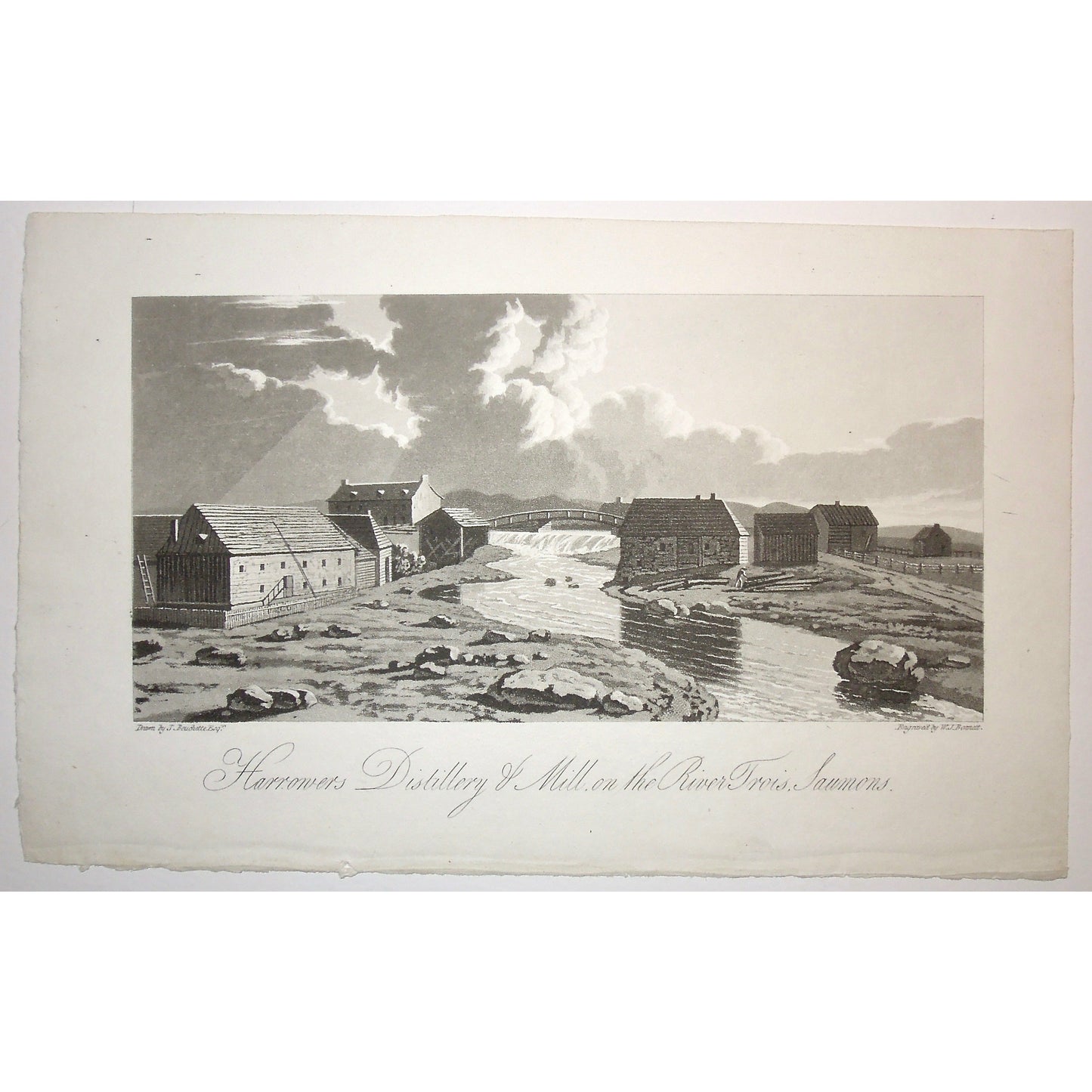 Harrowers Distillery, Harrowers, Distillery, Mill, River Trois Saumons, Riviere Trois Saumon, River, three salmon, building, bridge, town, A Topographical Description of the Province of Lower Canada, Lower Canada, Joseph Bouchette, Bouchette, 1815, W. Faden, Faden, W. J. Bennett, Bennett, Charing Cross, London, steel engraving, black and white, Antique, Prints, Canadian History, Historical, Original, Artwork, Home decor, Design, Art, Canadiana, Collectors,