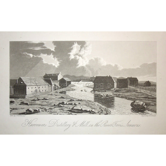 Harrowers Distillery, Harrowers, Distillery, Mill, River Trois Saumons, Riviere Trois Saumon, River, three salmon, building, bridge, town, A Topographical Description of the Province of Lower Canada, Lower Canada, Joseph Bouchette, Bouchette, 1815, W. Faden, Faden, W. J. Bennett, Bennett, Charing Cross, London, steel engraving, black and white, Antique, Prints, Canadian History, Historical, Original, Artwork, Home decor, Design, Art, Canadiana, Collectors,