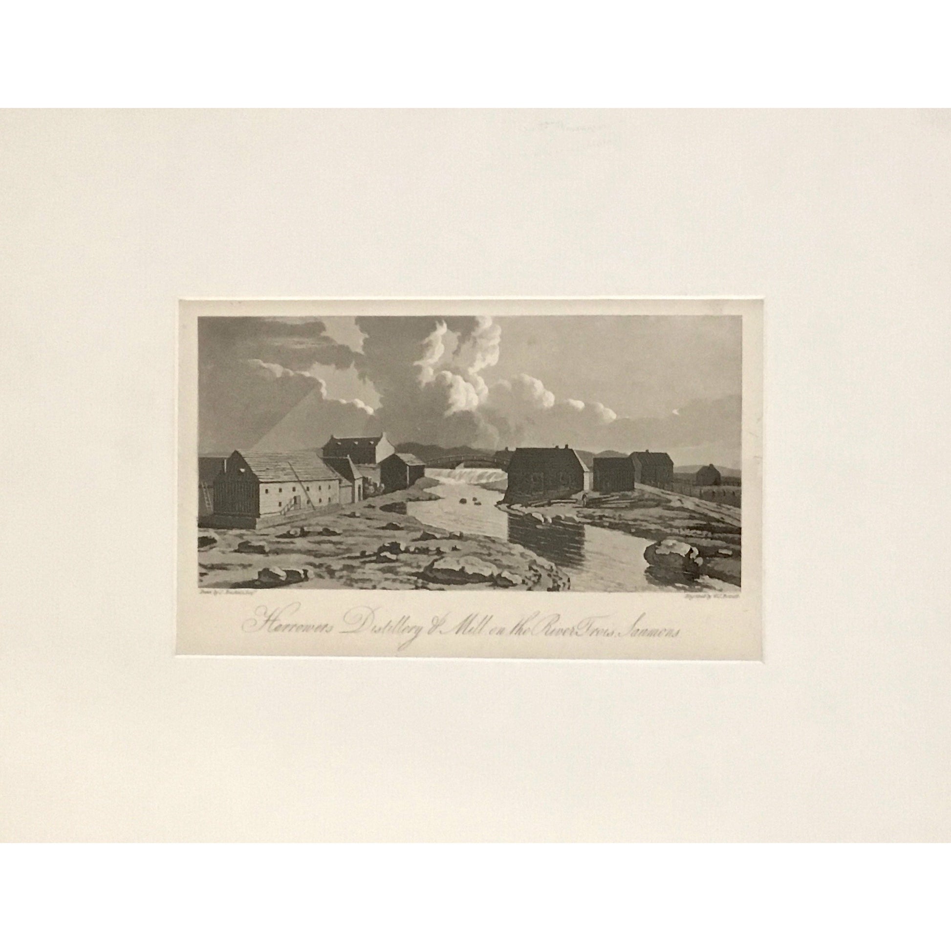 Harrowers Distillery, Harrowers, Distillery, Mill, River Trois Saumons, Riviere Trois Saumon, River, three salmon, building, bridge, town, A Topographical Description of the Province of Lower Canada, Lower Canada, Joseph Bouchette, Bouchette, 1815, W. Faden, Faden, W. J. Bennett, Bennett, Charing Cross, London, steel engraving, black and white, matted, Antique, Vintage, Art, Decor, Design, Home Decor, Wall art, Canadian, Historical, Rare Prints, Old Books, Old Prints, Rare Books,