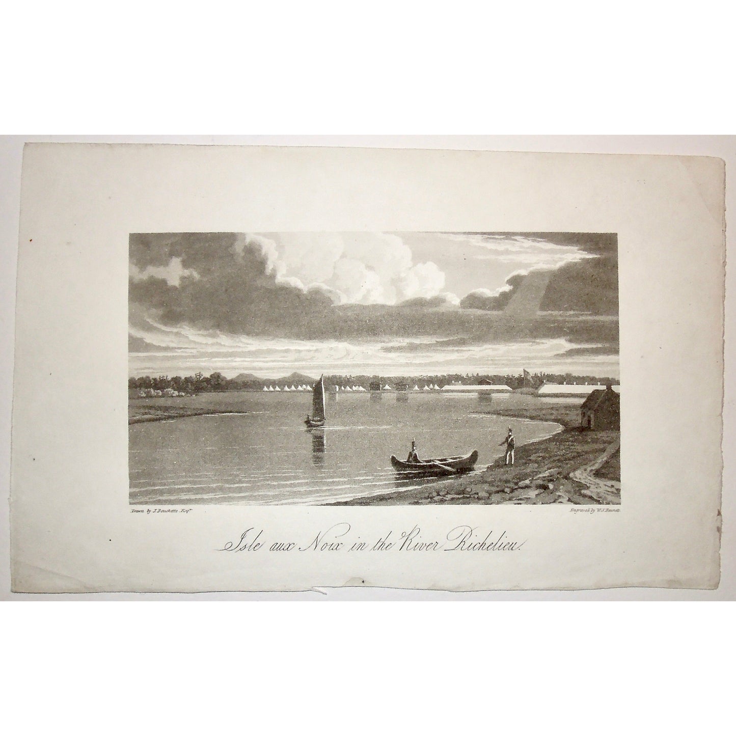 Isle aux Noix, Isle, Noix, Rivier Richelieu, River, Richelieu River, Richelieu, boats, soldiers, encampment, A Topographical Description of the Province of Lower Canada, Lower Canada, Joseph Bouchette, Bouchette, 1815, W. Faden, Faden, W. J. Bennett, Bennett, Charing Cross, London, steel engraving, black and white, Antique, prints, Original, Decor, Home decor, Design, Canadiana, History,