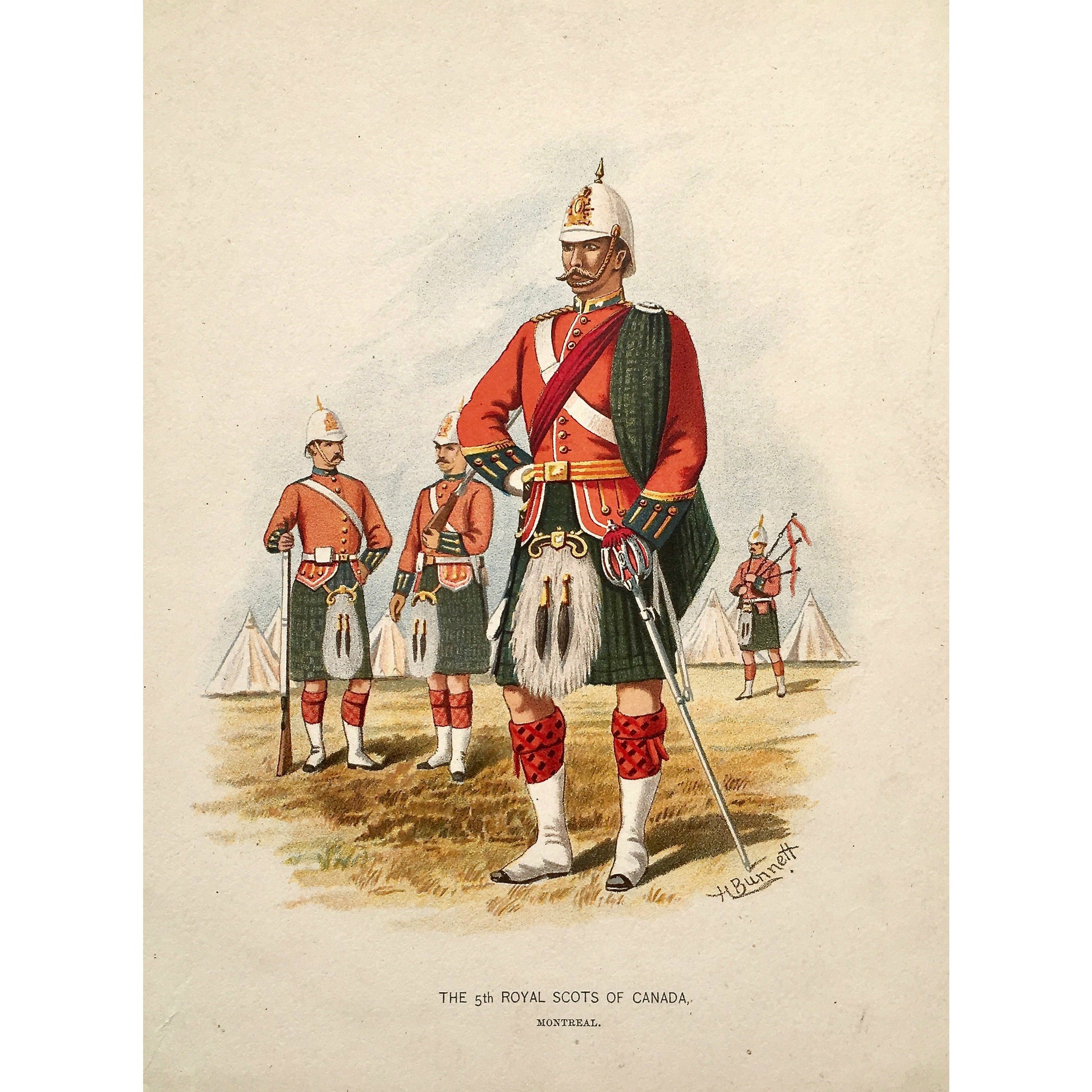 The 5th Royal Scots of Canada, Scots, Royal Scots, Scottish, Scotland, Kilts, bagpipes, Montreal, Canada, Artillery, Military, Military Costume, Horses, Riding, Costume, Uniform, Her Majesty's Army, Regiments, Queen's Forces, H. Bunnett, Bunnett, Sword, Army, London, 1890, Military Prints, Canadian, Canadian Military, Canadian Army, Armed Forces, Military Uniform, Chromolithograph, J. S. Virtue & Co., Antique, Prints, Original, Office Art, Interior design, Interior decorating, Decor, Design, Art, Home decor