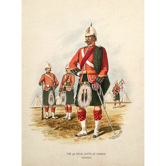 The 5th Royal Scots of Canada, Scots, Royal Scots, Scottish, Scotland, Kilts, bagpipes, Montreal, Canada, Artillery, Military, Military Costume, Horses, Riding, Costume, Uniform, Her Majesty's Army, Regiments, Queen's Forces, H. Bunnett, Bunnett, Sword, Army, London, 1890, Military Prints, Canadian, Canadian Military, Canadian Army, Armed Forces, Military Uniform, Chromolithograph, J. S. Virtue & Co., Antique, Prints, Antique Prints, Interior Decor, Interior Design, Design, Military History, Art History, 