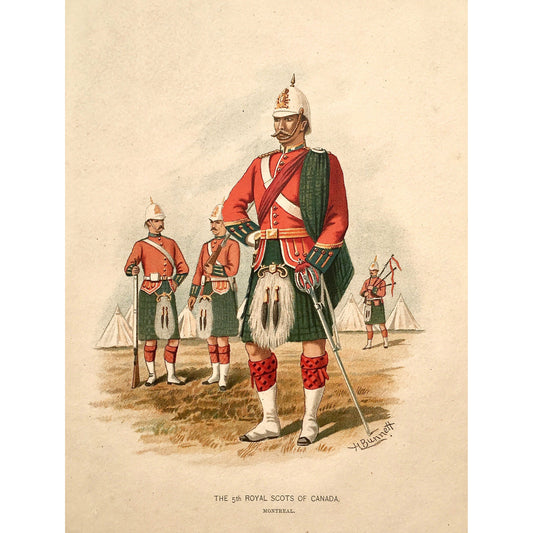 The 5th Royal Scots of Canada, Scots, Royal Scots, Scottish, Scotland, Kilts, bagpipes, Montreal, Canada, Artillery, Military, Military Costume, Horses, Riding, Costume, Uniform, Her Majesty's Army, Regiments, Queen's Forces, H. Bunnett, Bunnett, Sword, Army, London, 1890, Military Prints, Canadian, Canadian Military, Canadian Army, Armed Forces, Military Uniform, Chromolithograph, J. S. Virtue & Co., Antique Prints, Antique, Prints, Printmaking, Military History, Art History, Art, Decor, Home Decor, Design