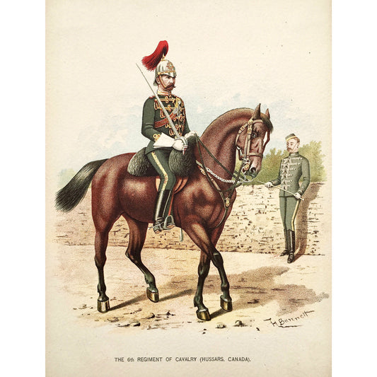 The 6th Regiment of Cavalry, Cavalry, 6th Regiment, Hussars, Canada, Artillery, Military, Military Costume, Horses, Riding, Costume, Uniform, Her Majesty's Army, Regiments, Queen's Forces, H. Bunnett, Bunnett, Sword, Army, London, 1890, Military Prints, Canadian, Canadian Military, Canadian Army, Armed Forces, Military Uniform, Chromolithograph, J. S. Virtue & Co., Antique Prints, Antique, Prints, Engravings, Home Decor, Gallery Wall, Inspo, Inspiration, Interior Decor, Military Decor, Military History, Art