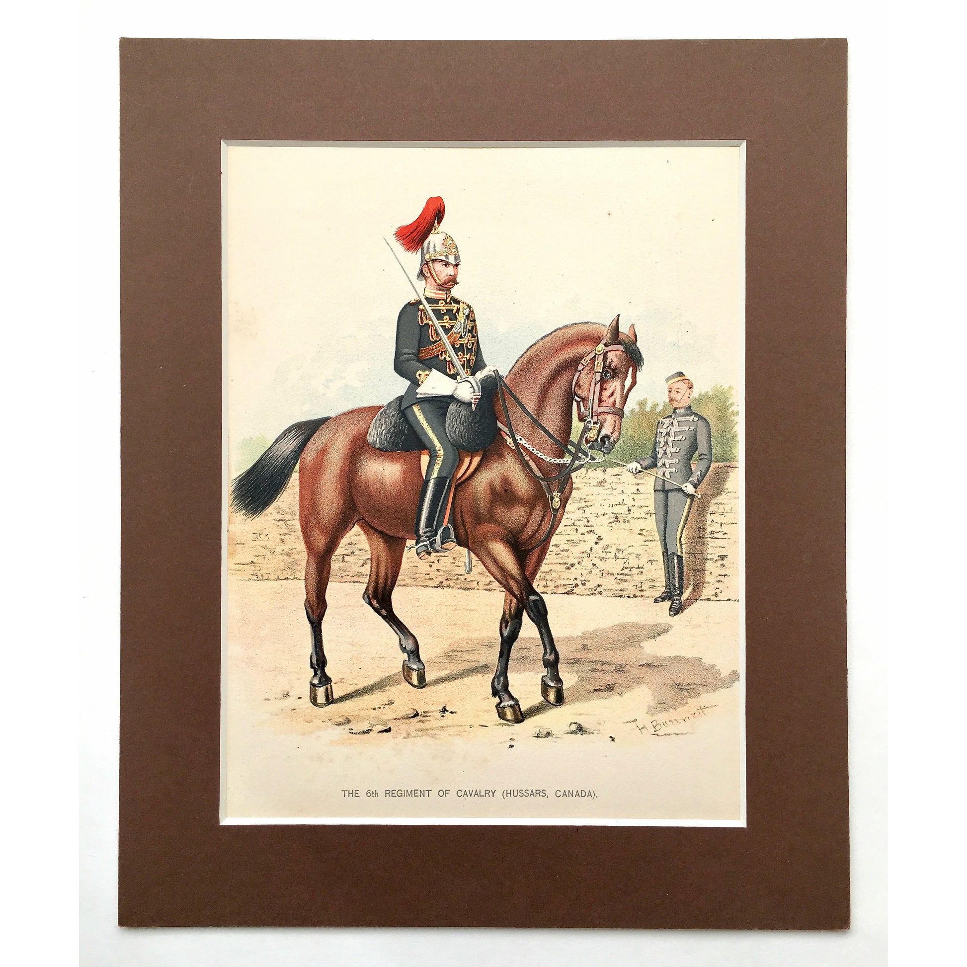 The 6th Regiment of Cavalry, Cavalry, 6th Regiment, Hussars, Canada, Artillery, Military, Military Costume, Horses, Riding, Costume, Uniform, Her Majesty's Army, Regiments, Queen's Forces, H. Bunnett, Bunnett, Sword, Army, London, 1890, Military Prints, Canadian, Canadian Military, Canadian Army, Armed Forces, Military Uniform, Chromolithograph, J. S. Virtue & Co., Antique Prints, Matted, Matted Prints, Brown Matting, Military History, Art History, Interior Decor, Home decor, Wall decor, Interior Design, 