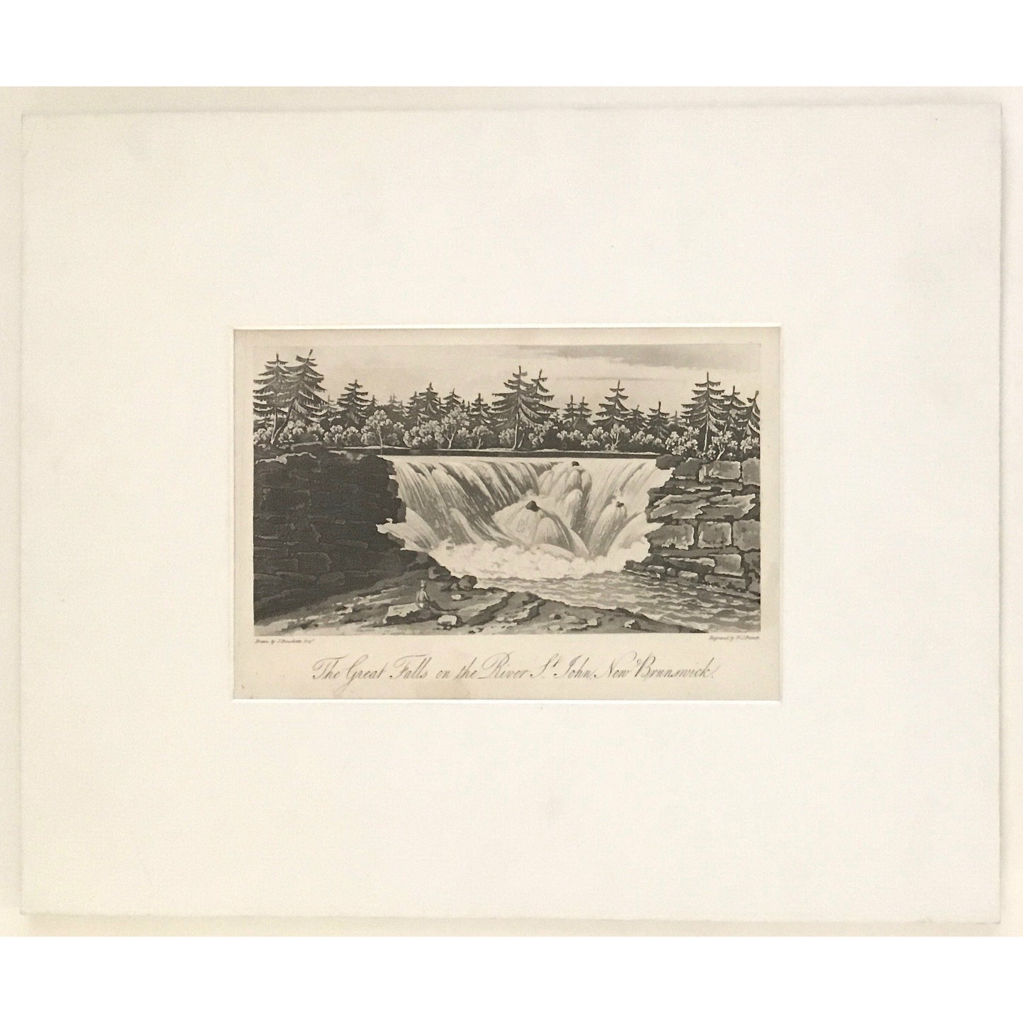 Great Falls, Great, Falls, River St. John, St. John's River, St. John's, New Brunswick, Waterfall, Falls, native, waterway, A Topographical Description of the Province of Lower Canada, Lower Canada, Joseph Bouchette, Bouchette, 1815, W. Faden, Faden, W. J. Bennett, Bennett, Charing Cross, London, steel engraving, black and white, matted, Original, Antique, Prints, Old Prints, Old Books, Rare Prints, Rare Books, Canadiana, Canadian History, Art, Decor, Engraving,