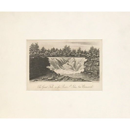 Great Falls, Great, Falls, River St. John, St. John's River, St. John's, New Brunswick, Waterfall, Falls, native, waterway, A Topographical Description of the Province of Lower Canada, Lower Canada, Joseph Bouchette, Bouchette, 1815, W. Faden, Faden, W. J. Bennett, Bennett, Charing Cross, London, steel engraving, black and white, matted, Original, Antique, Prints, Old Prints, Old Books, Rare Prints, Rare Books, Canadiana, Canadian History, Art, Decor, Engraving,