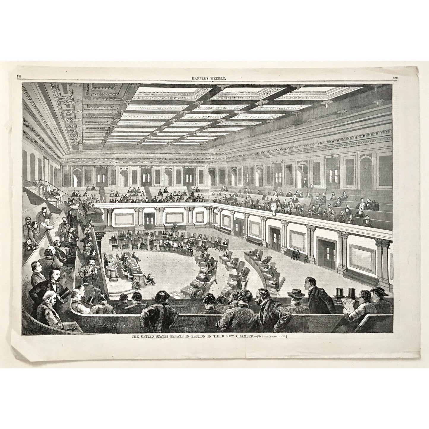 US, United States, US Senate, Senate, Senate in Session, Senate Session, Chamber, Senate Chamber, Senators, US Capitol, Capitol, Capitol building, American Politics, politics, politicians, Session, Senate building, American History, Political History, Harper's Weekly, Harper's, 1859, steel engraving, newspaper, newspapers, Antique, Prints, Vintage, Old US, US history, printmaking, art history, wall decor, home decor, wall art, office art, design, engraving, art, prints,