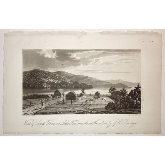  View of Long's Farm, View, Long's Farm, Farm, Lake, Temiscouata, Lac Temiscouata, Extremity, Portage, Cattle, Cows, Farming, Farmer, pen, cow pen, fencing, riverfront, A Topographical Description of the Province of Lower Canada, Lower Canada, Joseph Bouchette, Bouchette, 1815, W. Faden, Faden, W. J. Bennett, Bennett, Charing Cross, London, steel engraving, black and white, Antique Prints, Vintage, Decor, Wall, art, Design, Collectable, Original, 