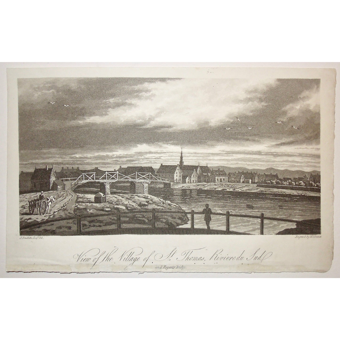 View, Village, St. Thomas, Riviere du Sud, Quebec, Canada, town, bridge, church, horse and carriage, horse and buggy, Canadian village, A Topographical Description of the Province of Lower Canada, Lower Canada, Joseph Bouchette, Bouchette, 1815, W. Faden, Faden, W. J. Bennett, Bennett, Charing Cross, London, steel engraving, black and white, Antique Prints, Antique, Prints, Original, Engravings, Art, Wall decor, Home decor, Vintage, Collectable, Interior Design, Design, Detail, Steel Engraving, 