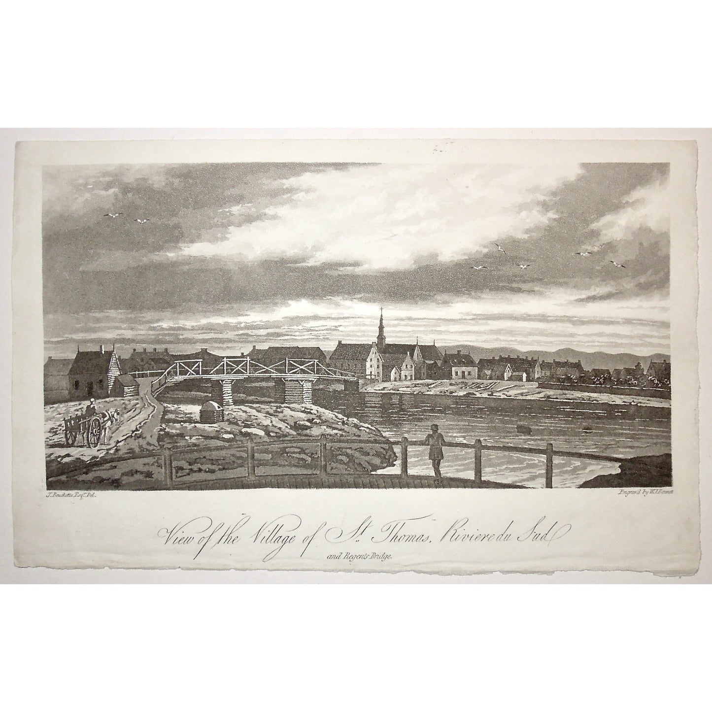 View, Village, St. Thomas, Riviere du Sud, Quebec, Canada, town, bridge, church, horse and carriage, horse and buggy, Canadian village, A Topographical Description of the Province of Lower Canada, Lower Canada, Joseph Bouchette, Bouchette, 1815, W. Faden, Faden, W. J. Bennett, Bennett, Charing Cross, London, steel engraving, black and white, Antique, Print, Prints, Old Prints, History, Historical Prints, Old Canada, Canadian History, Vintage, Design, Decor, Wall art, Home decor, Interior Design,